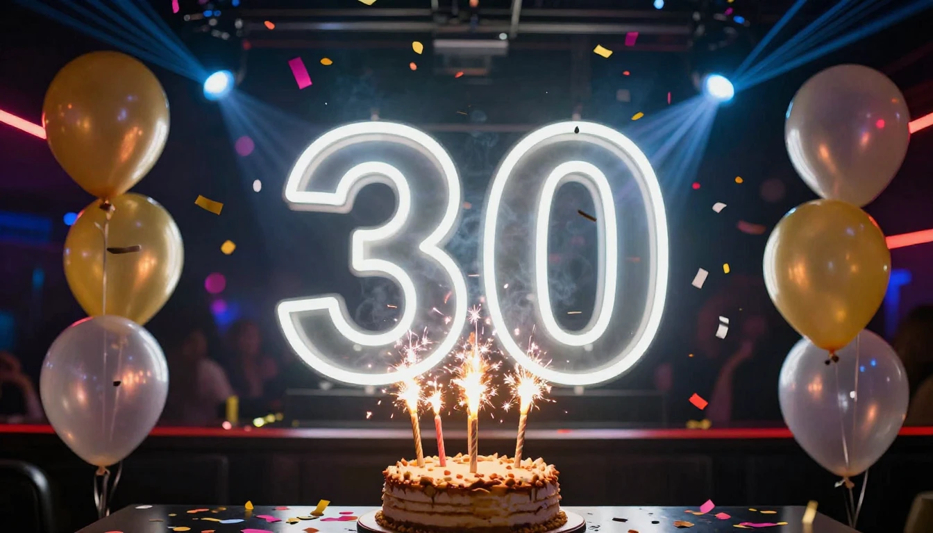 A vibrant and festive 30th birthday celebration scene, cente...