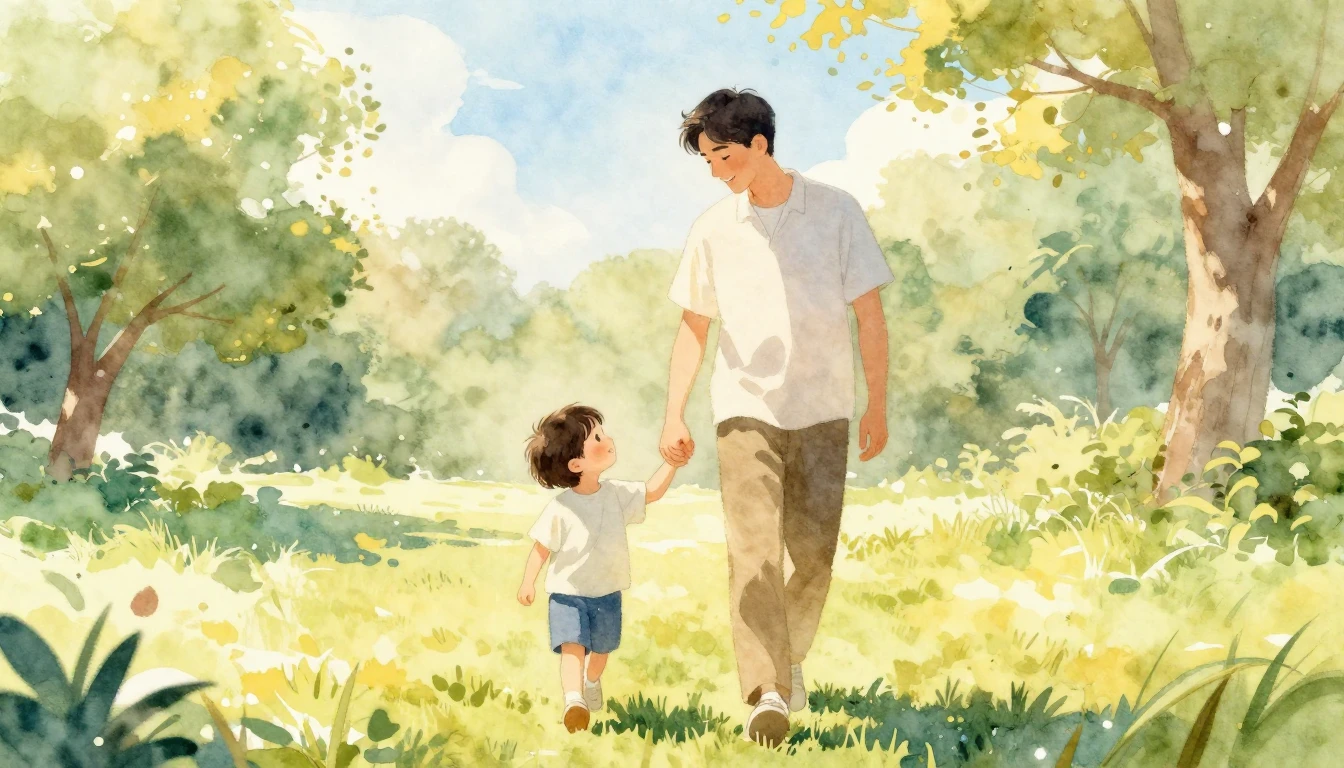 A heartwarming watercolor painting of a father and his young...