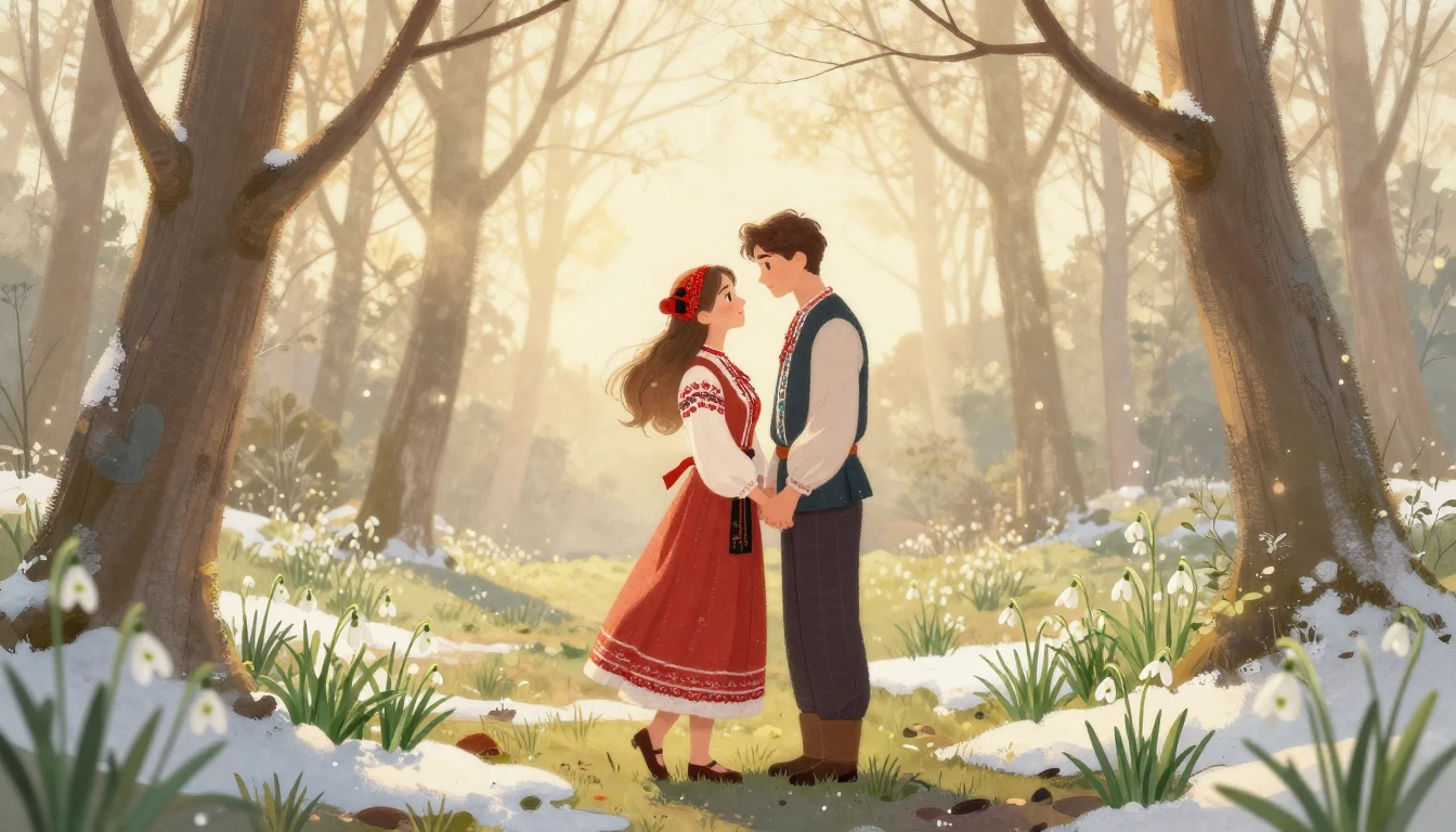 A romantic artistic illustration of a young couple standing ...