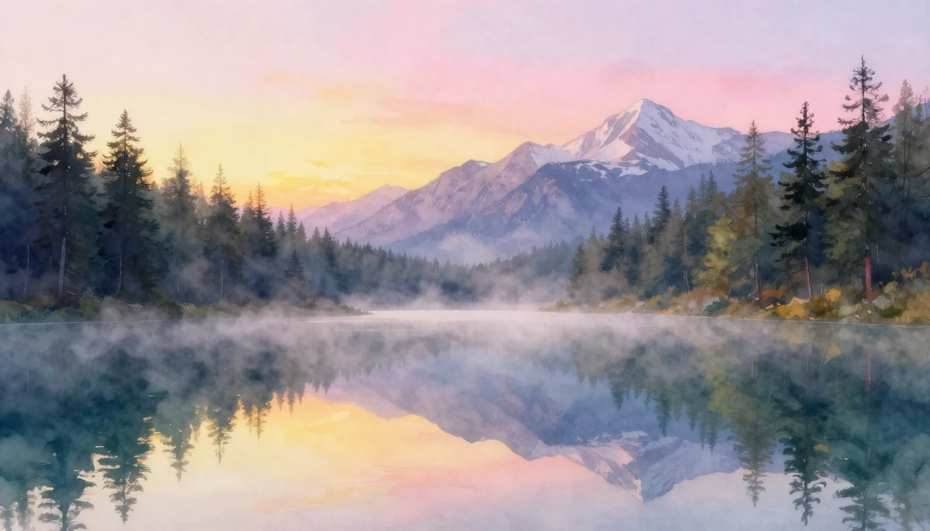A breathtaking watercolor painting of a tranquil mountain la...