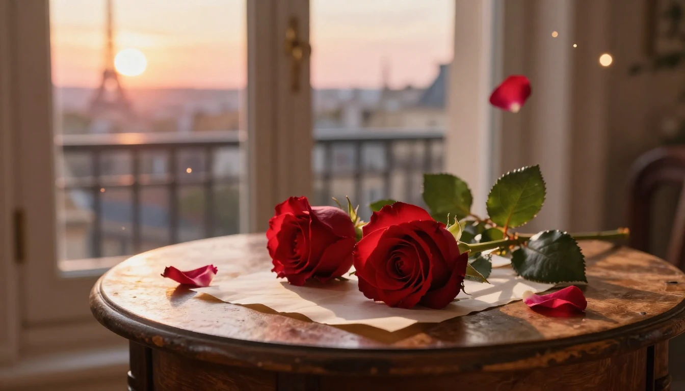A dreamy and ethereal scene of two delicate red roses restin...