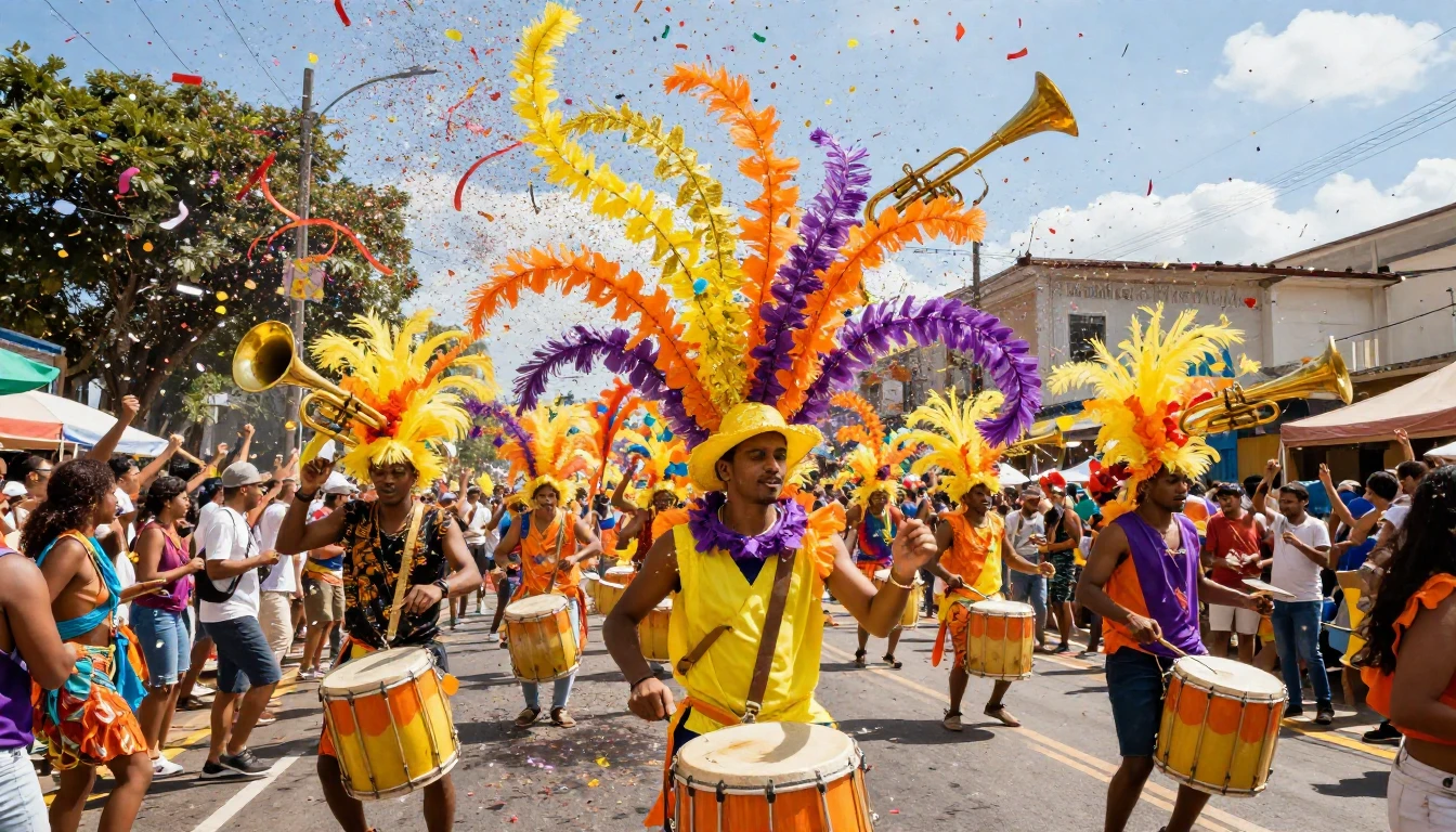 A vibrant and explosive scene of a street festival. Swirls o...