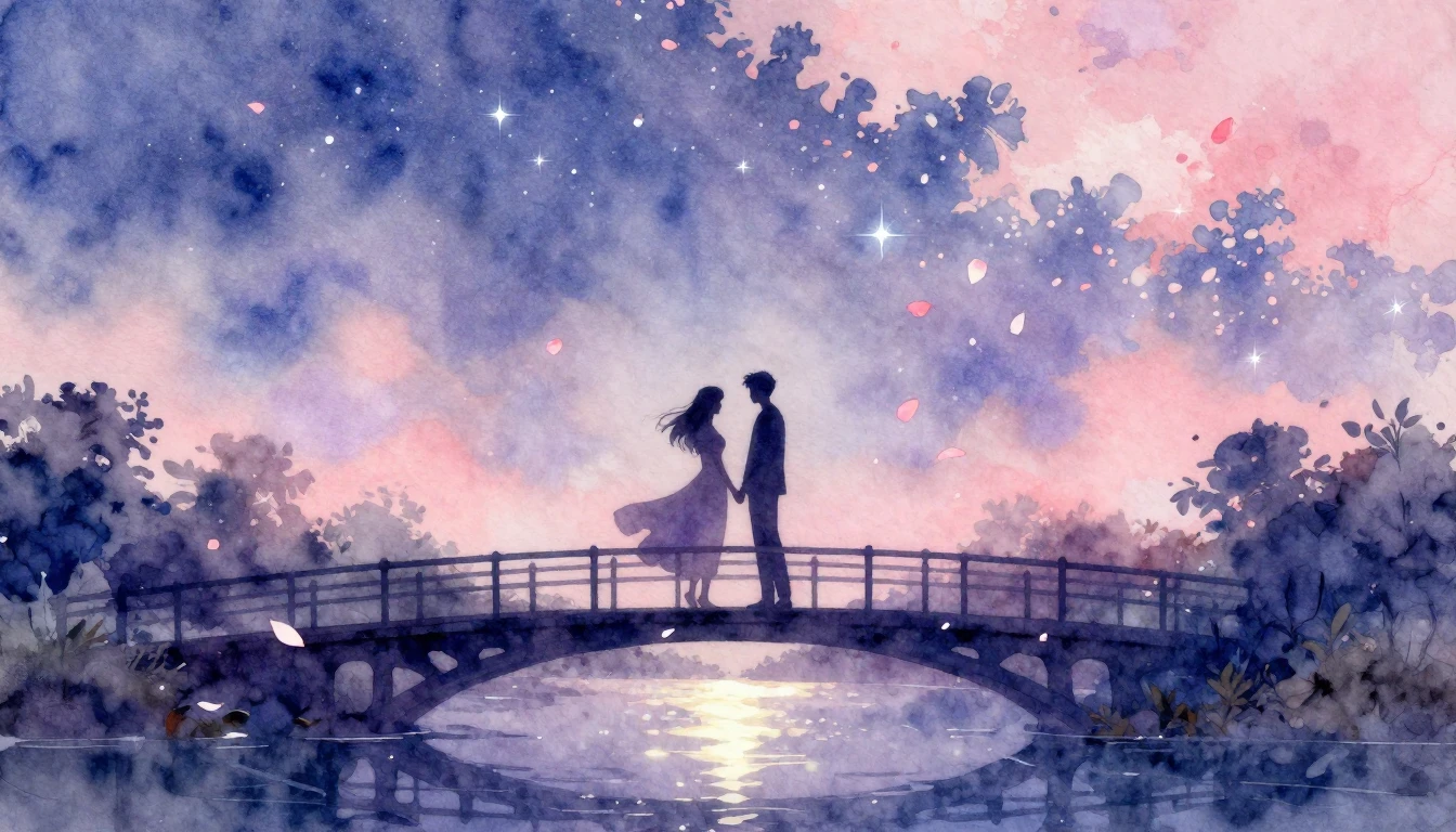 A beautiful and soft watercolor painting depicting two silho...