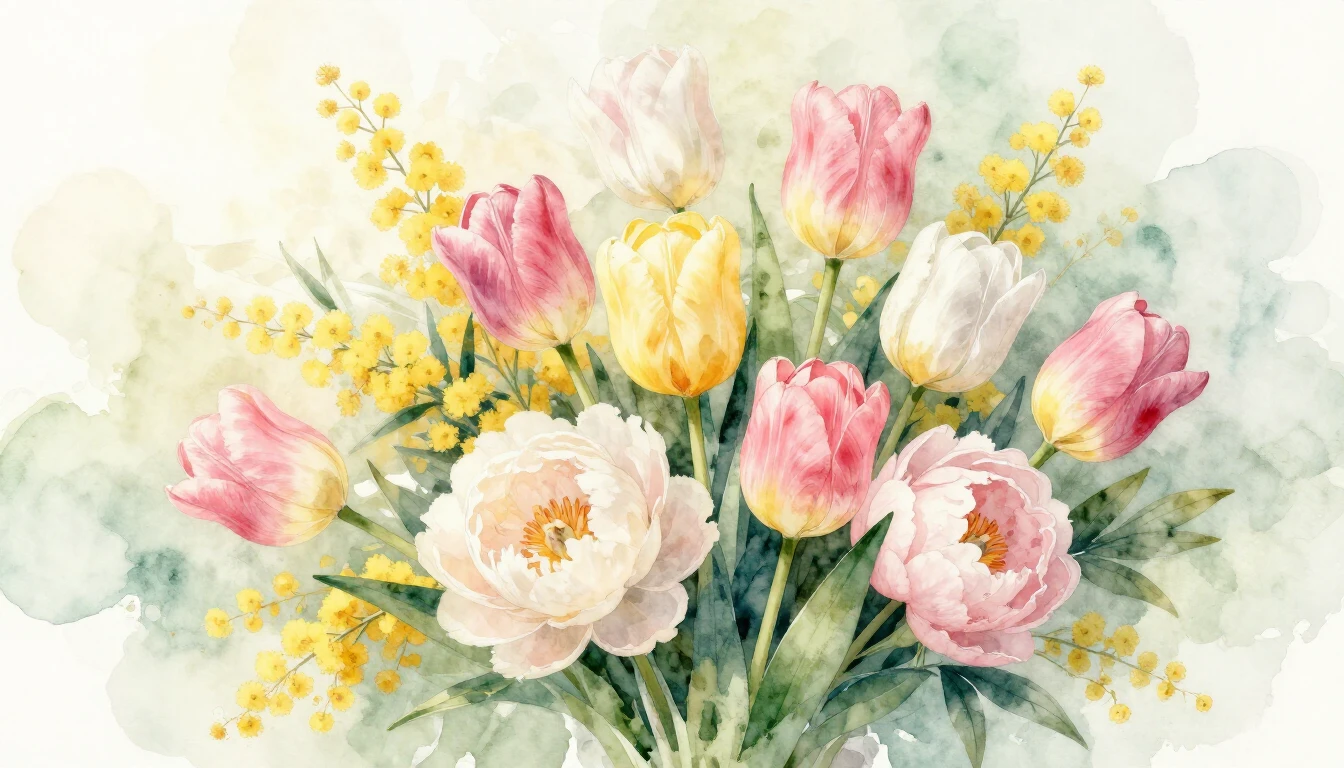 A beautiful watercolor painting of a lush spring bouquet fea...