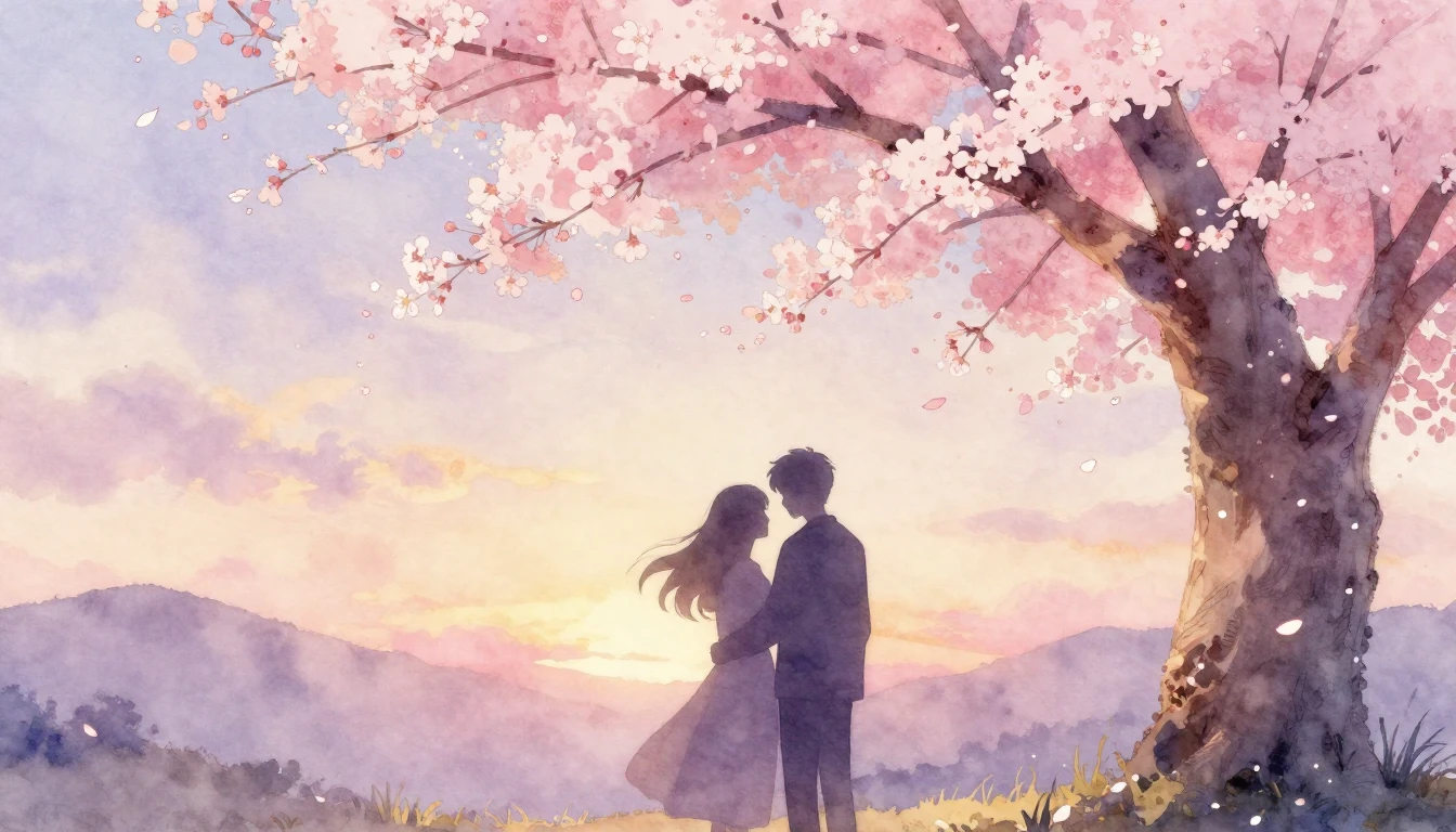 A delicate watercolor painting of two intertwined silhouette...