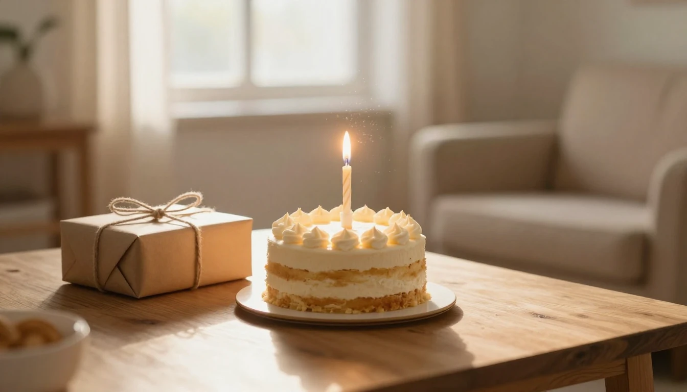 A cozy indoor scene featuring a wooden table with a small, g...