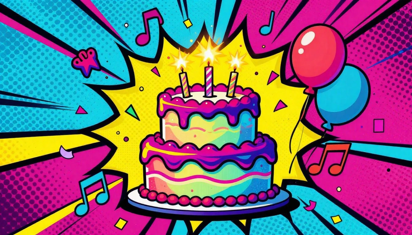 A vibrant and explosive Pop Art illustration of a birthday c...