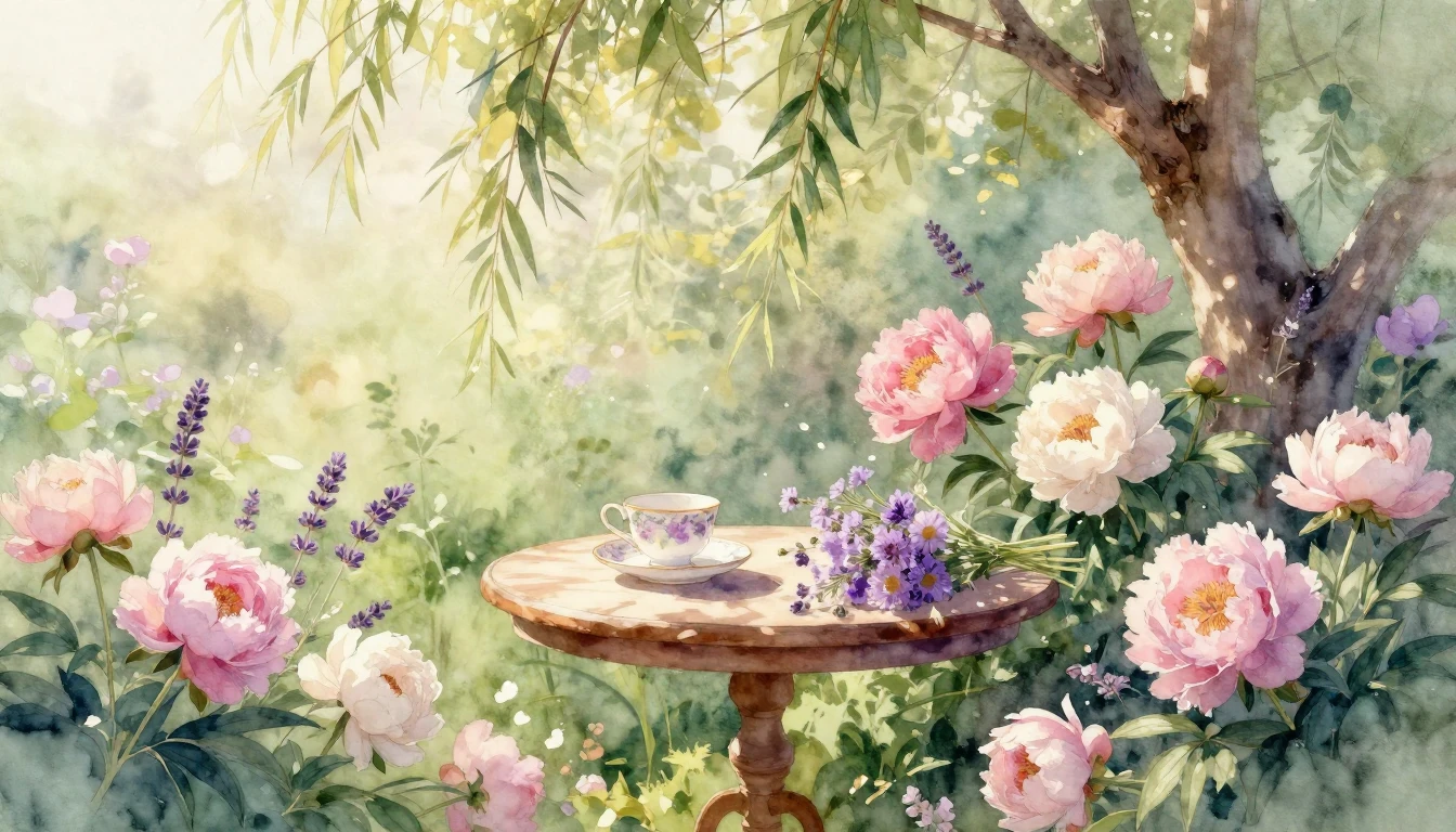 A beautiful watercolor painting of a cozy sunlit garden fill...