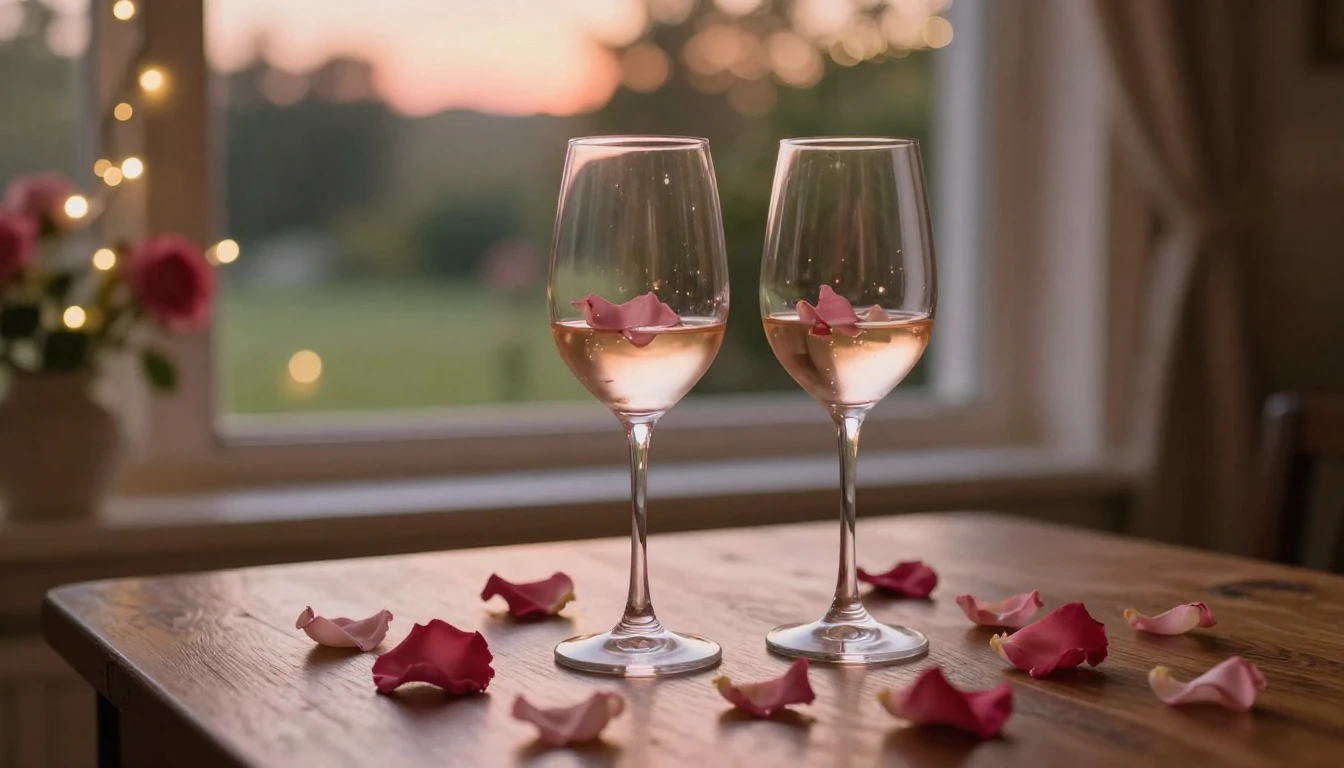 A delicate and romantic scene featuring two elegant wine gla...