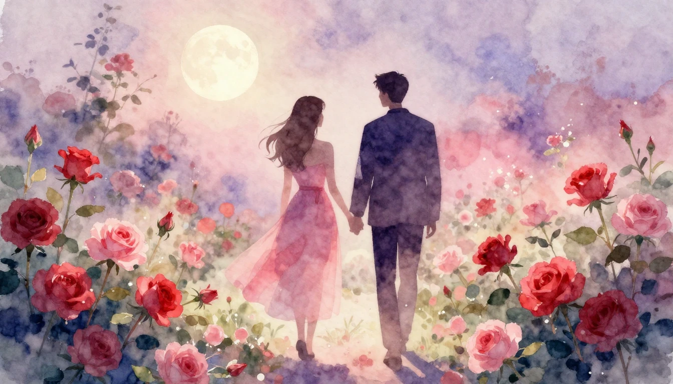 A dreamy watercolor illustration of two silhouettes walking ...