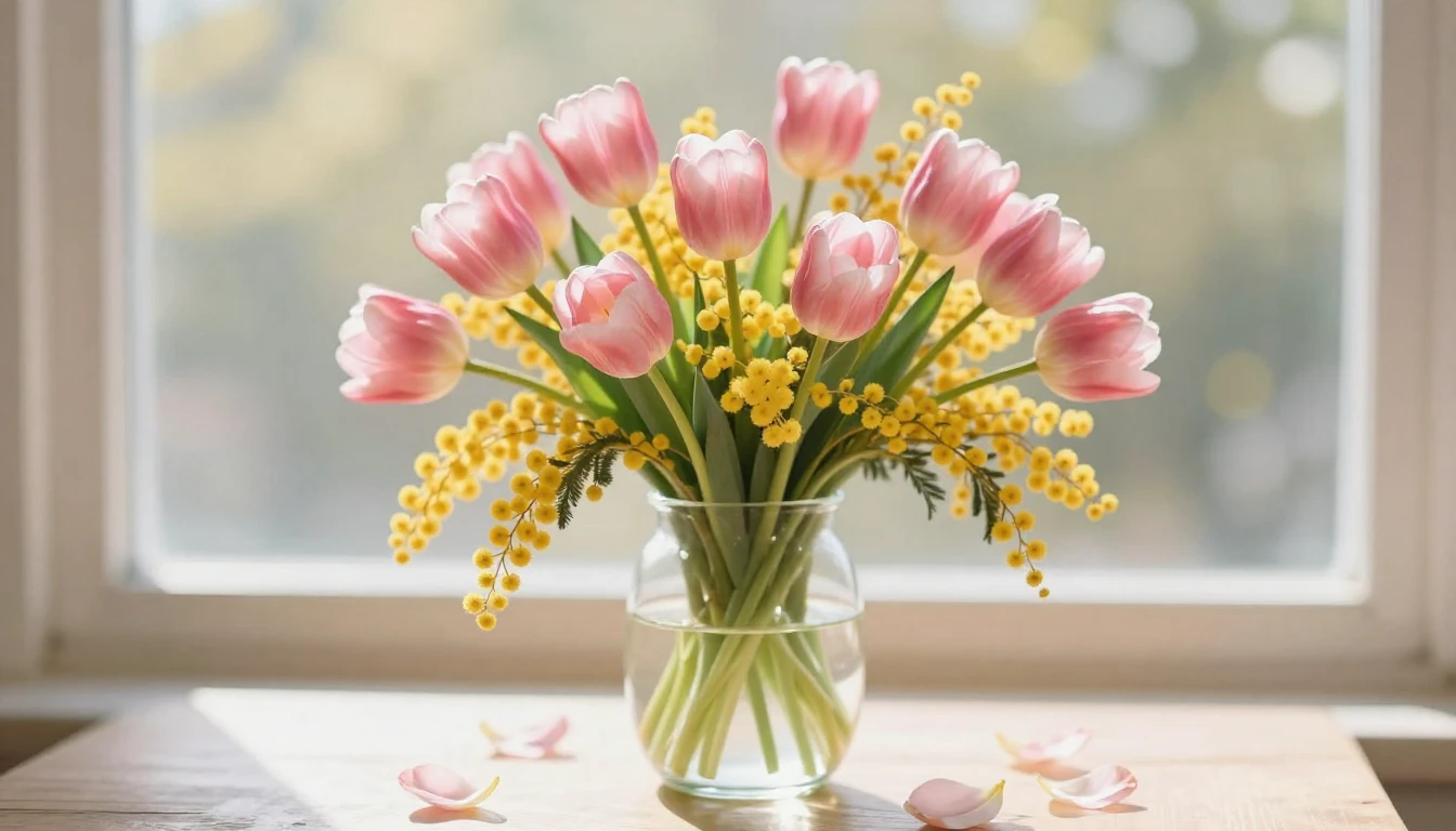 A delicate and vibrant bouquet of pink tulips and yellow mim...