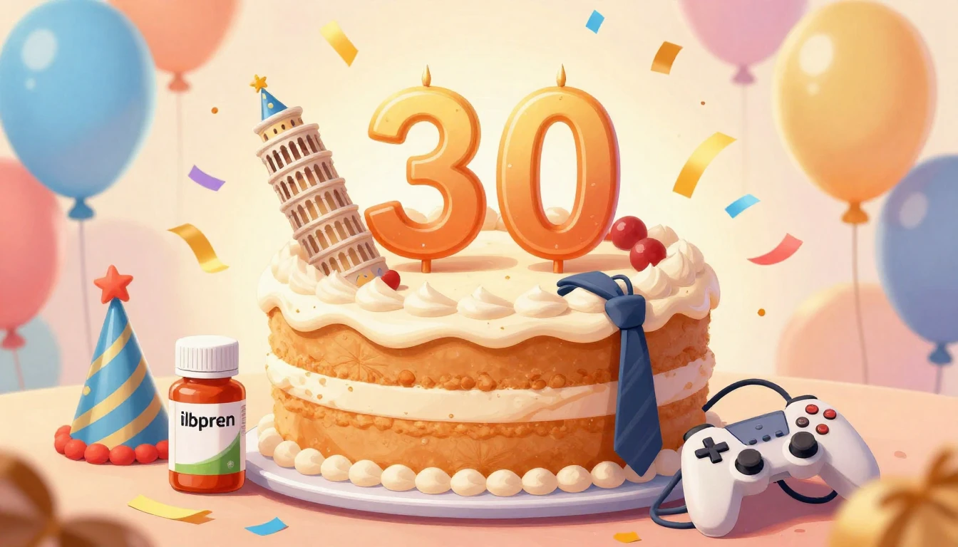 A humorous and colorful birthday illustration featuring a bi...