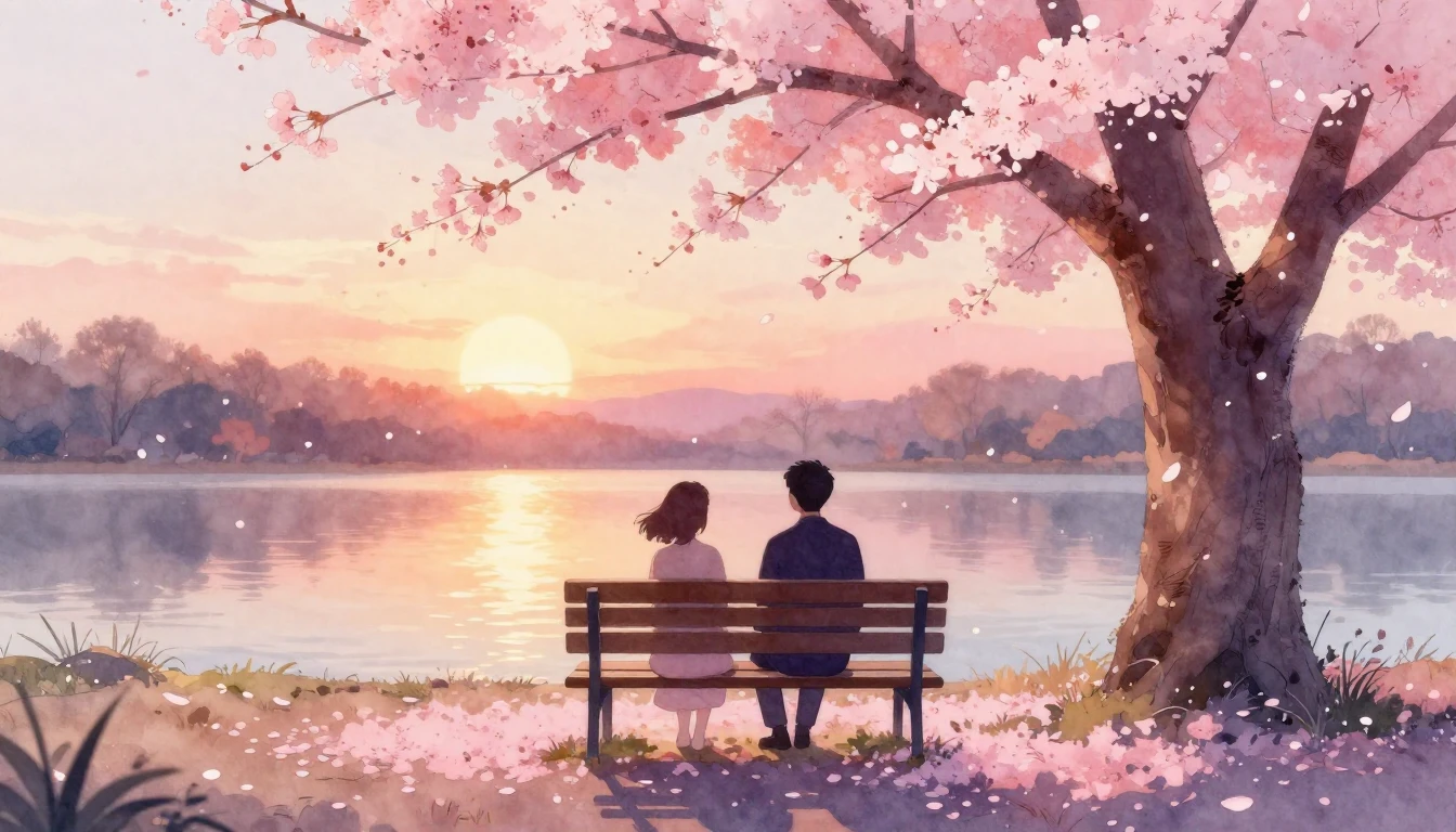 A delicate watercolor painting of two stylized silhouettes s...