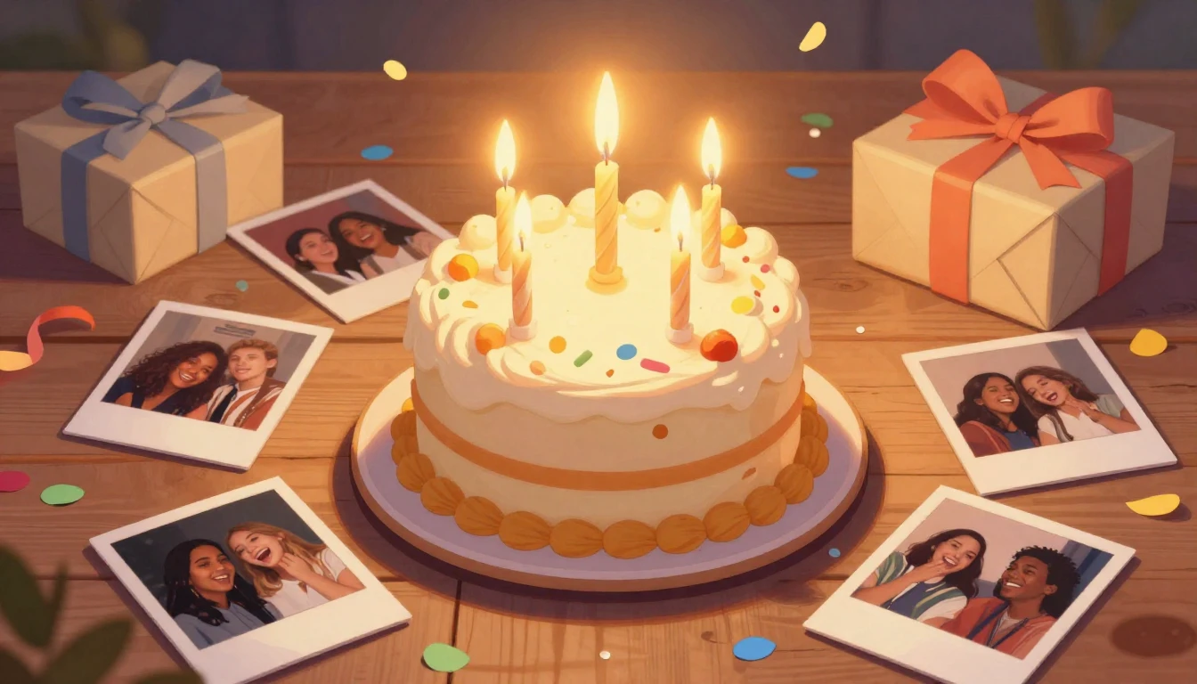 A beautiful and warm illustration of a birthday cake with gl...