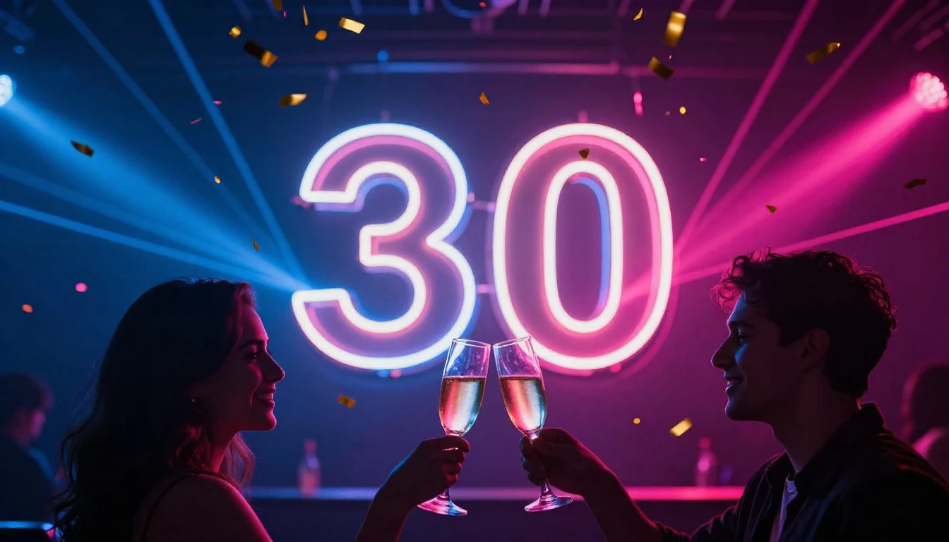 A vibrant and festive scene featuring a large, glowing neon ...