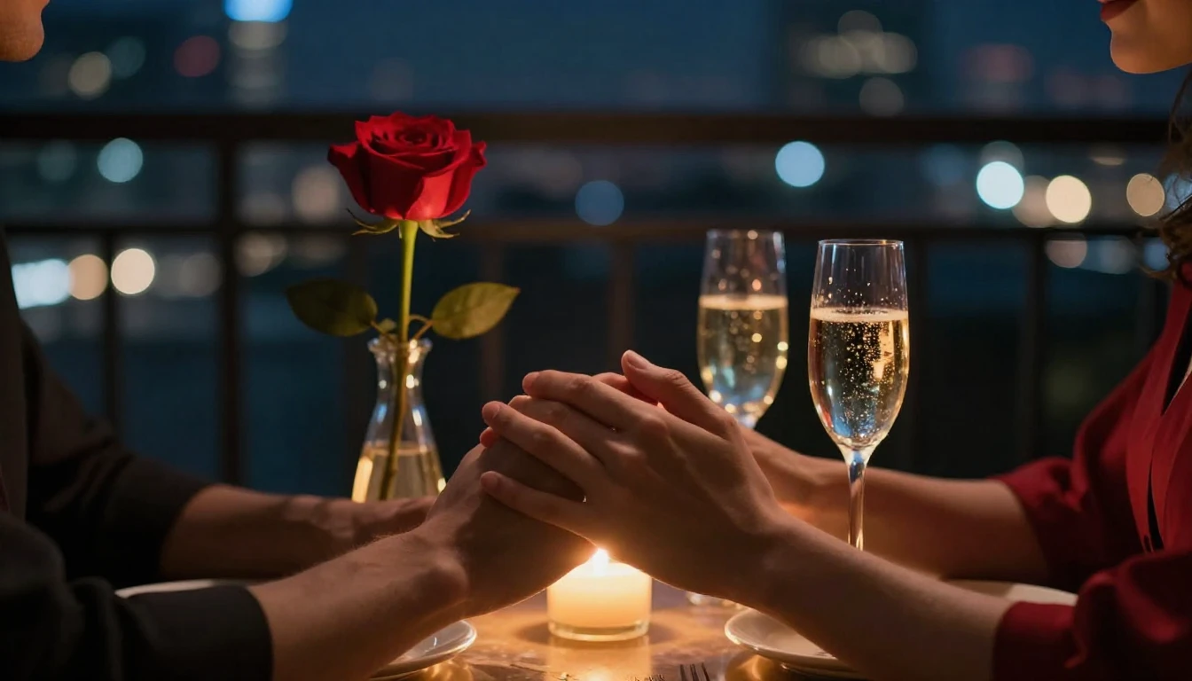 A romantic close-up scene of two hands holding each other ge...