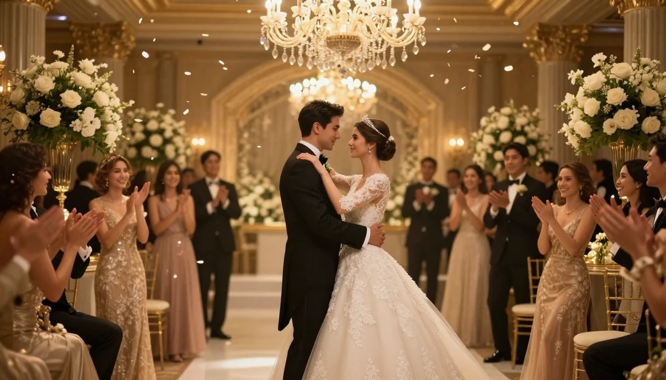 A cinematic, wide-angle shot of a luxurious wedding celebrat...