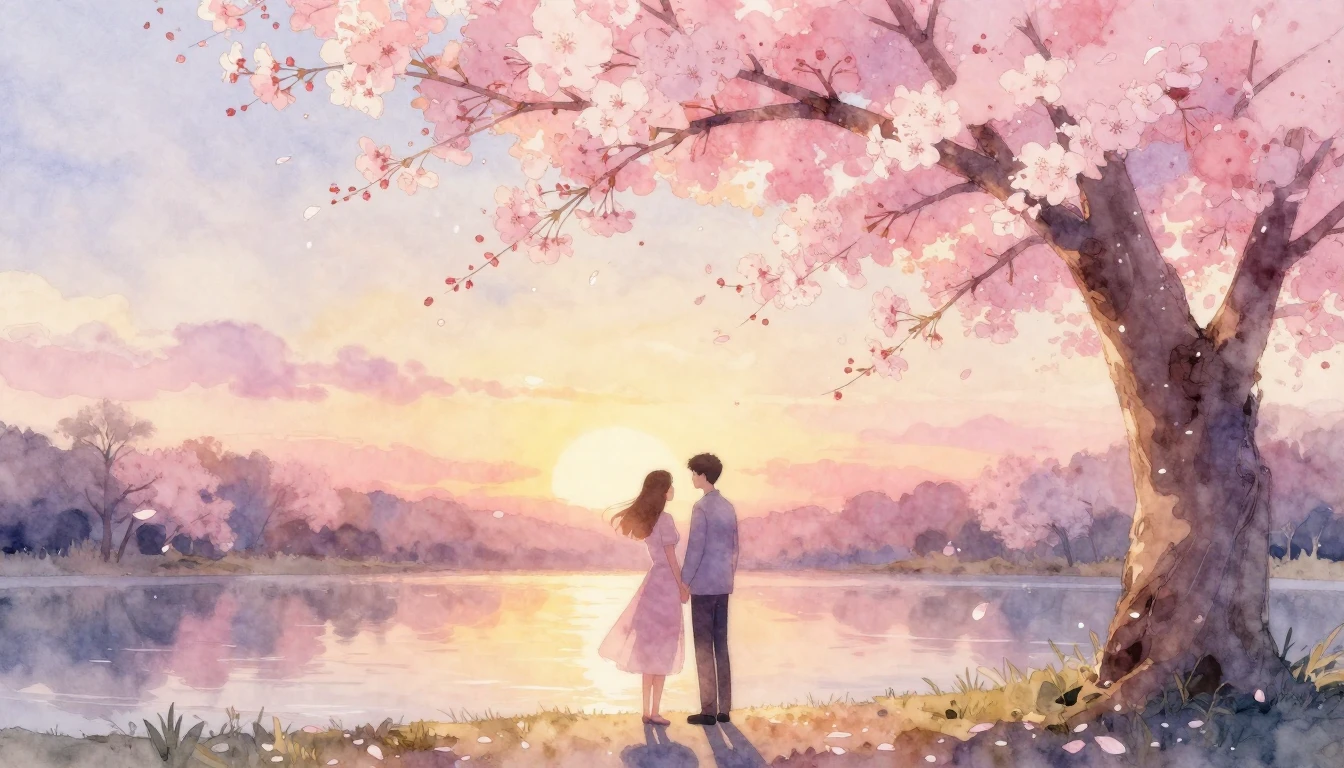 A delicate watercolor painting of two stylized silhouettes o...