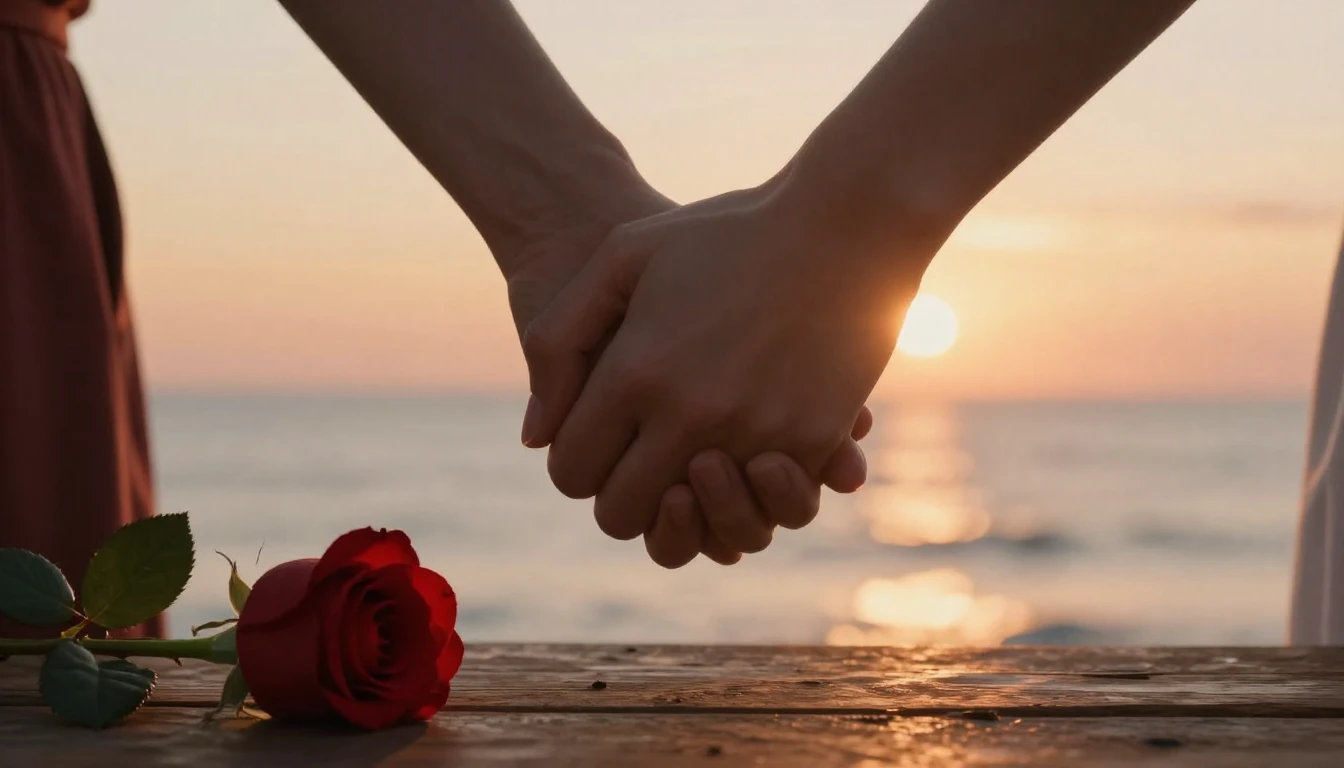 A cinematic, romantic scene featuring a close-up of two hand...