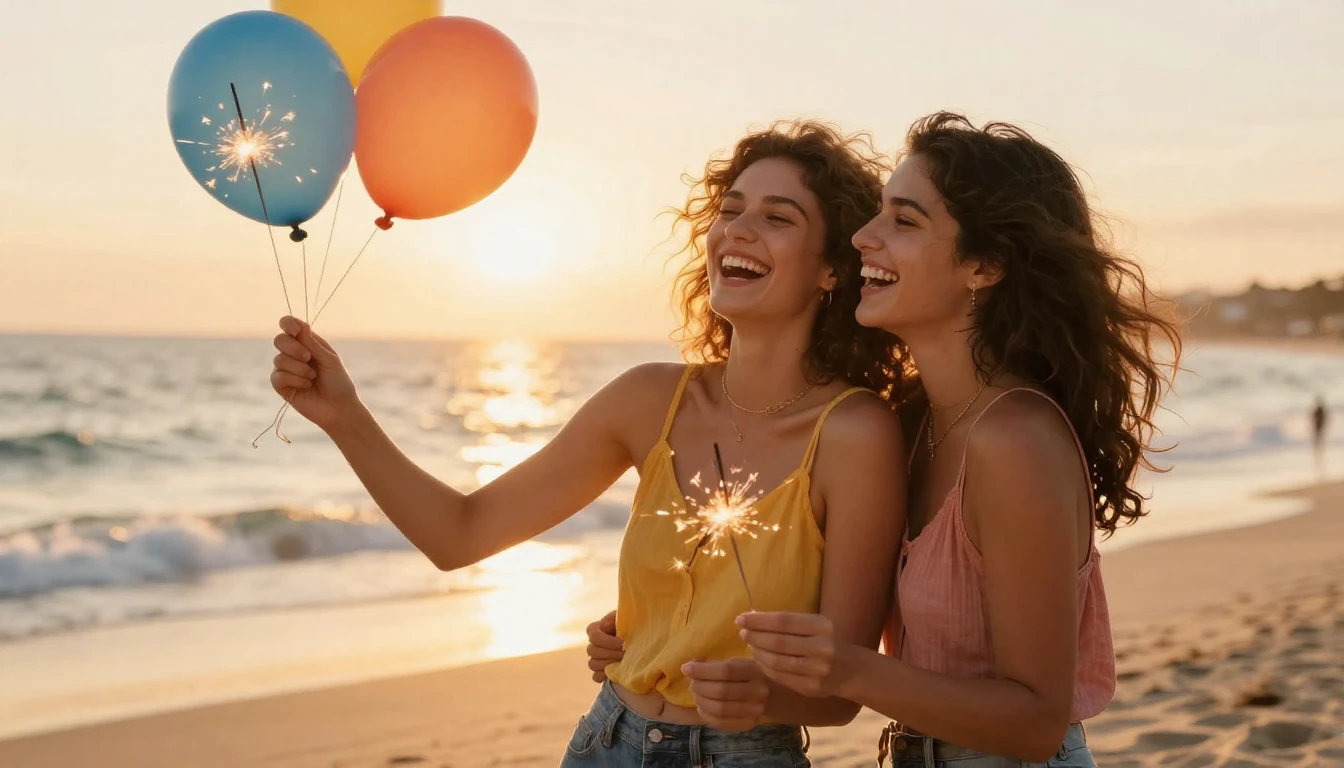 Two young women laughing together on a sunny beach at sunset...