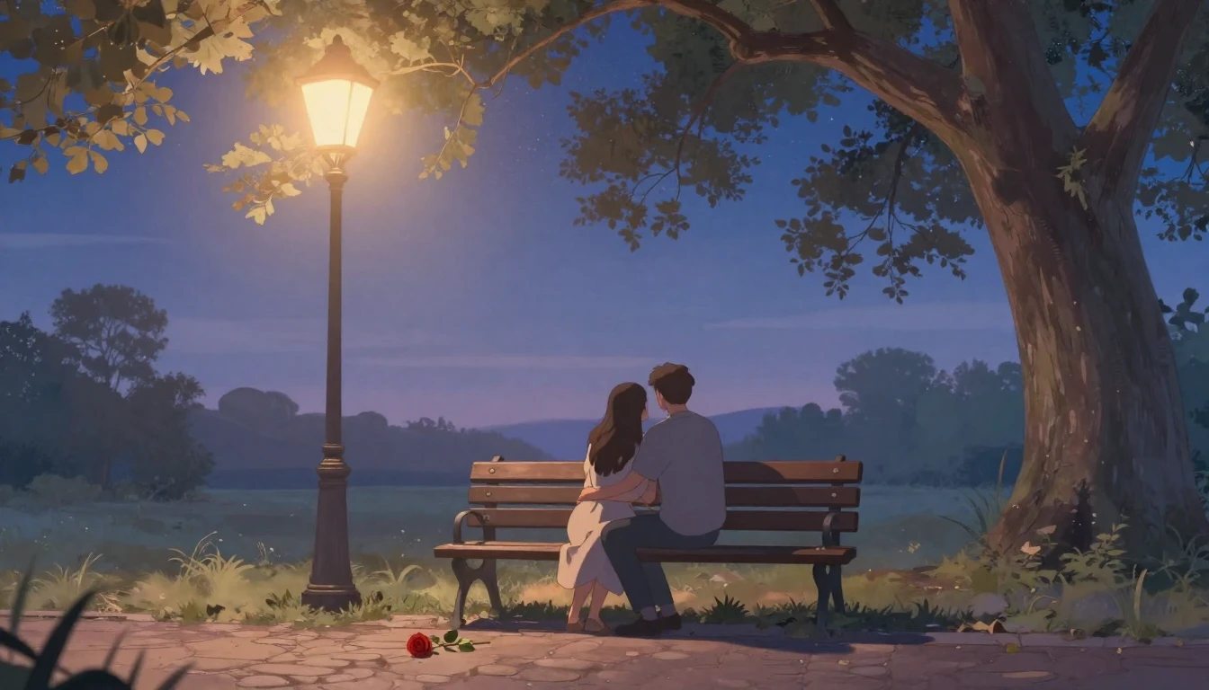 A romantic and dreamy scene depicting a couple sitting close...