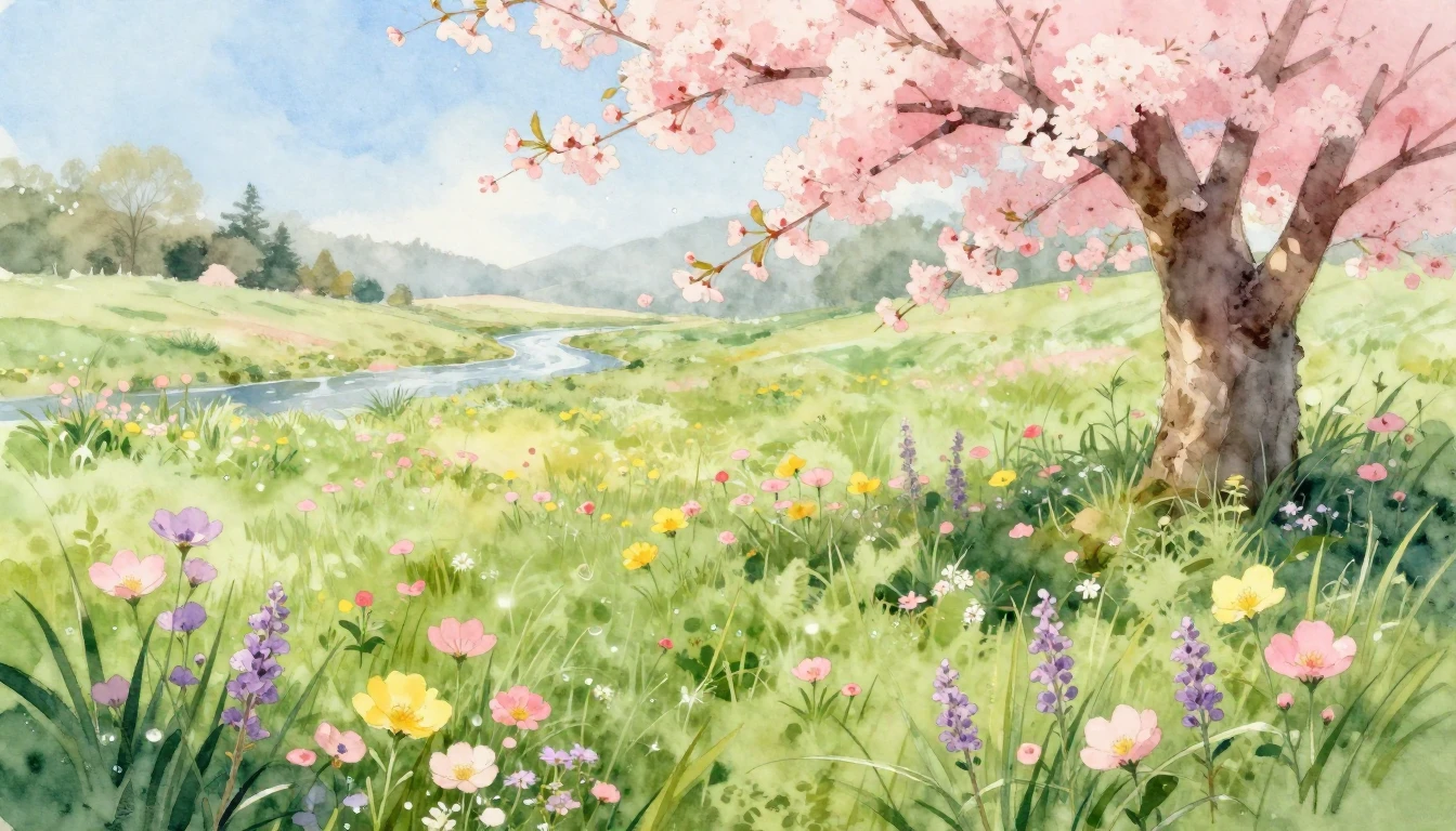 A beautiful watercolor painting of a lush meadow filled with...