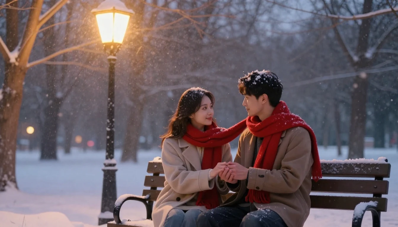 A romantic artistic scene of a couple sitting on a bench in ...