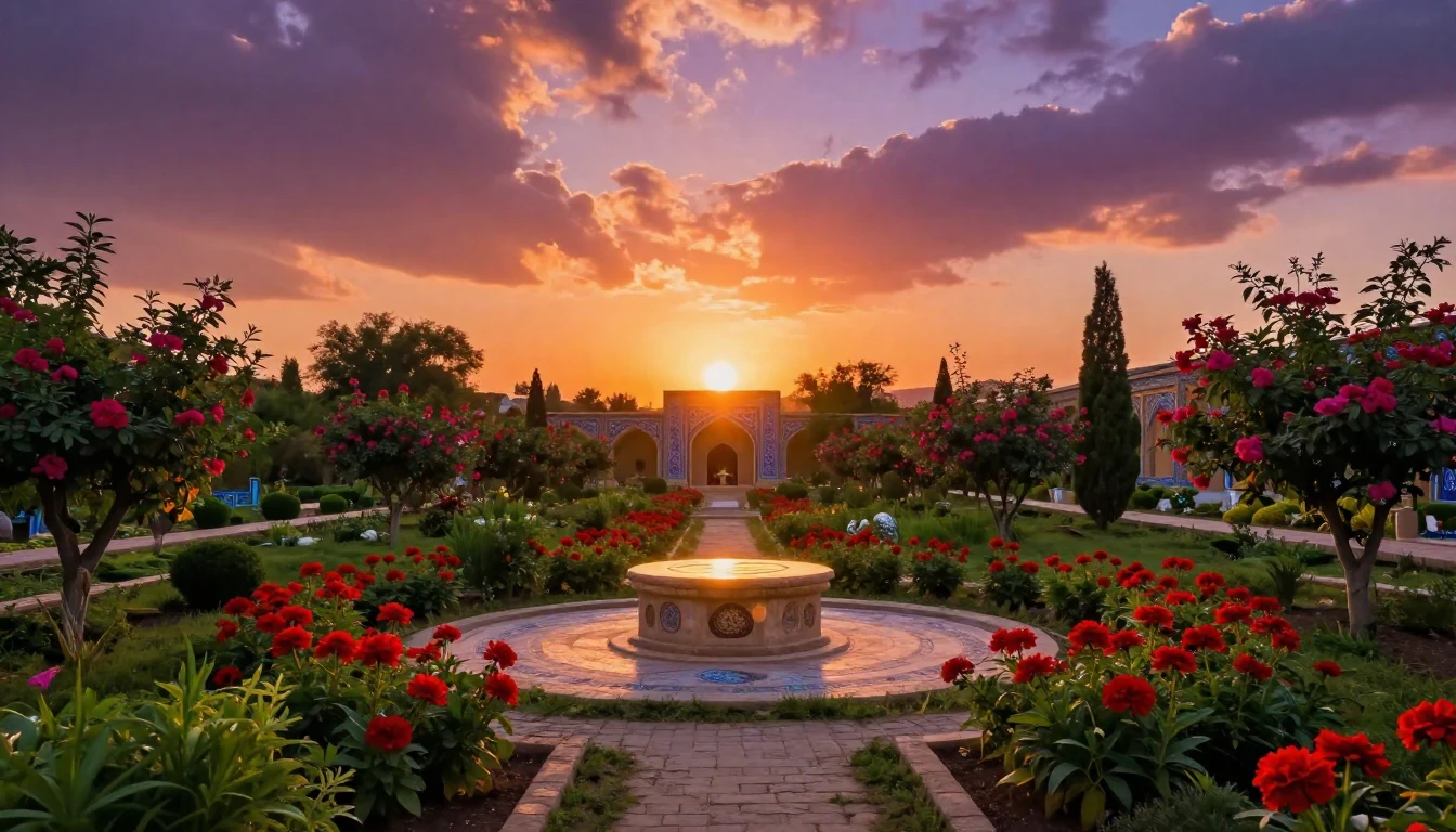 A breathtaking landscape of a blooming Persian garden at sun...