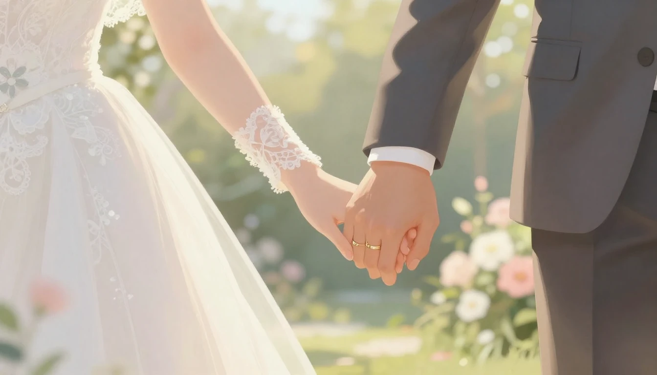 A soft and romantic close-up illustration of a bride and gro...