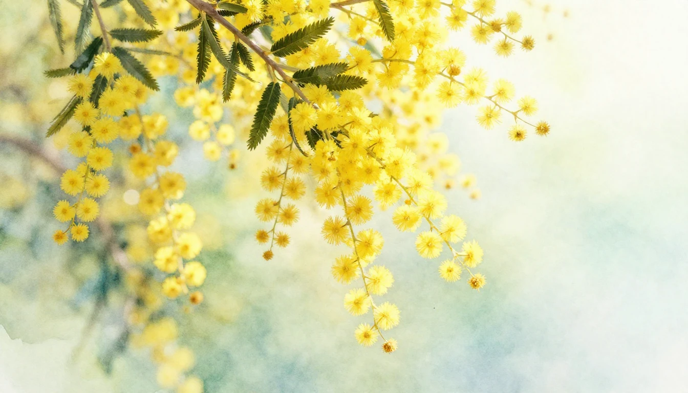 A beautiful watercolor painting of bright yellow mimosa bran...