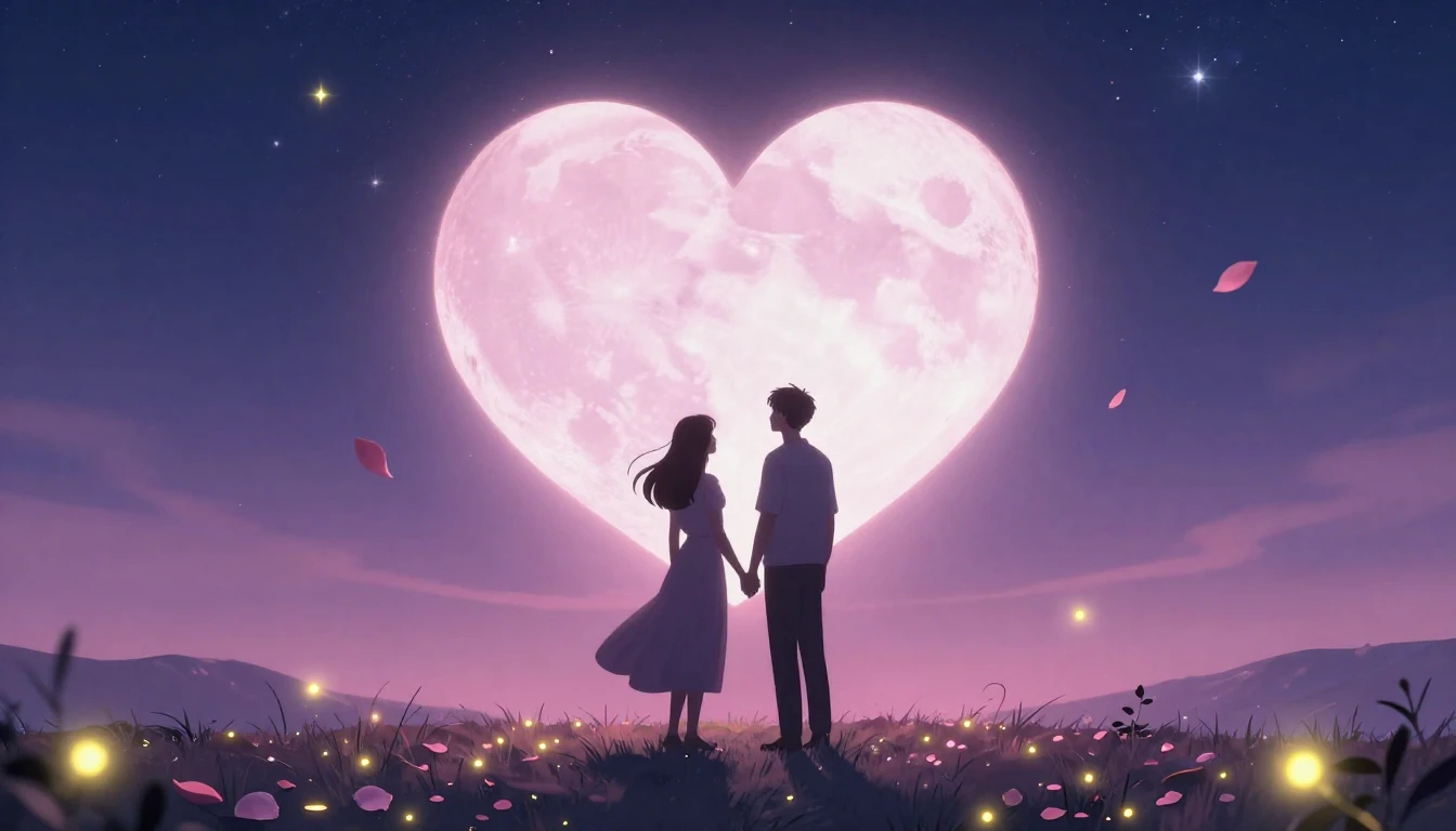 A romantic scene featuring a silhouette of a couple standing...