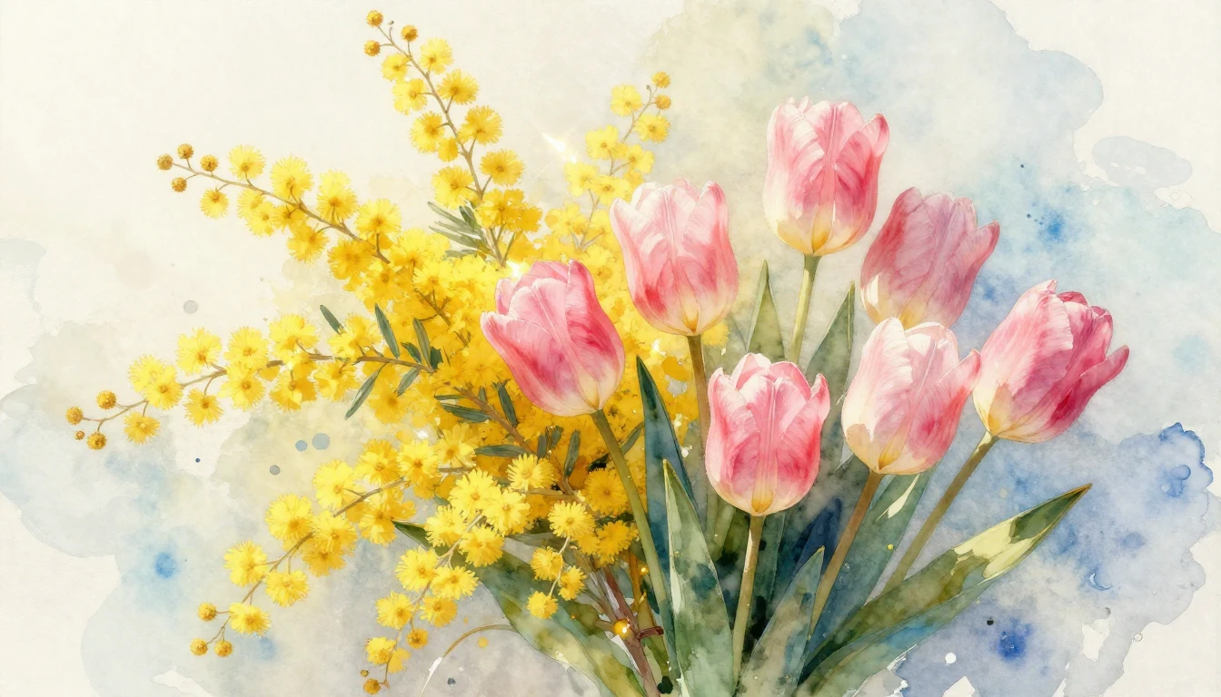 An exquisite watercolor painting of a lush spring bouquet fe...