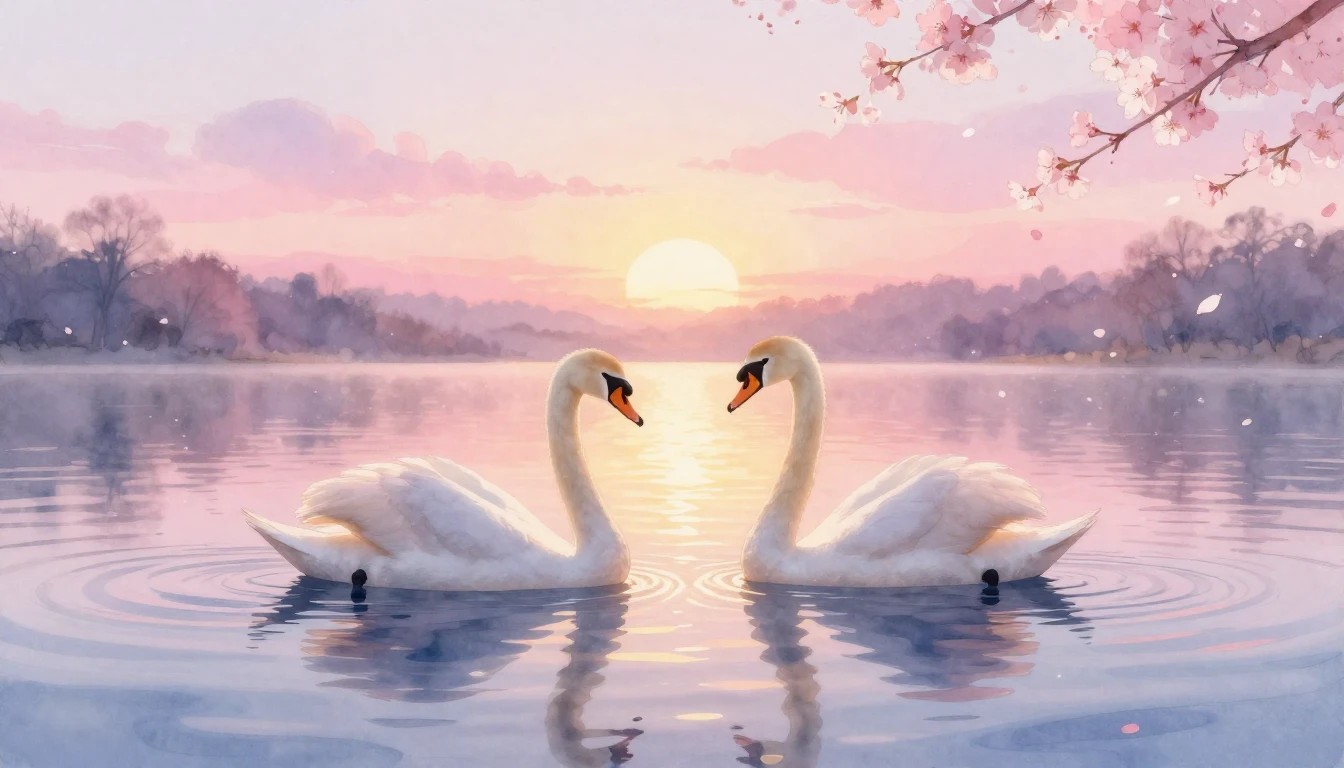 A dreamy watercolor painting of two elegant swans gliding on...
