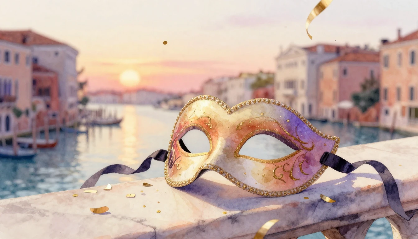 A delicate watercolor painting of a classic Venetian mask re...