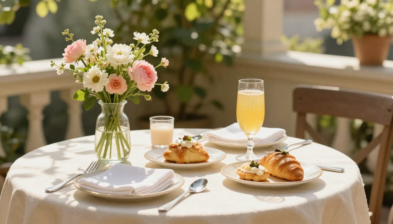A beautifully set brunch table on a sun-drenched terrace. Th...