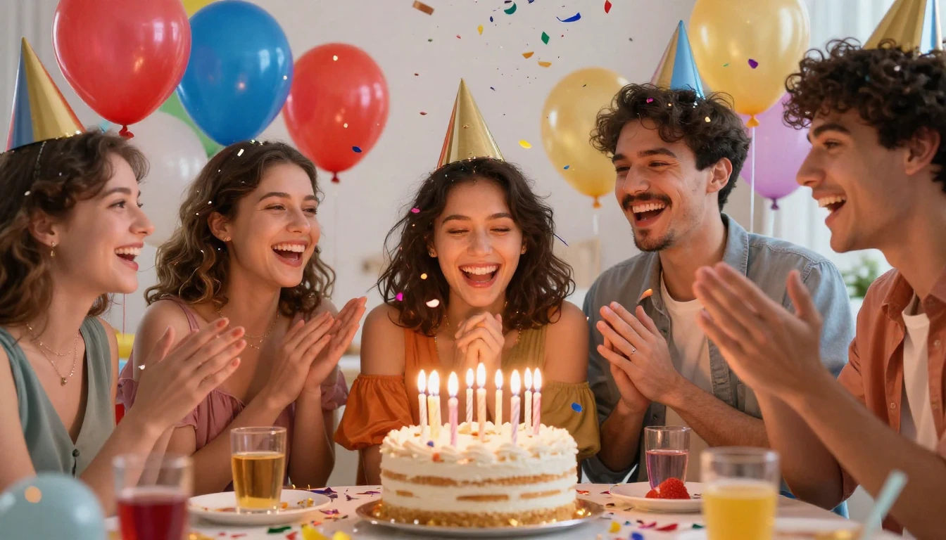 A vibrant and colorful birthday party scene, focusing on a g...