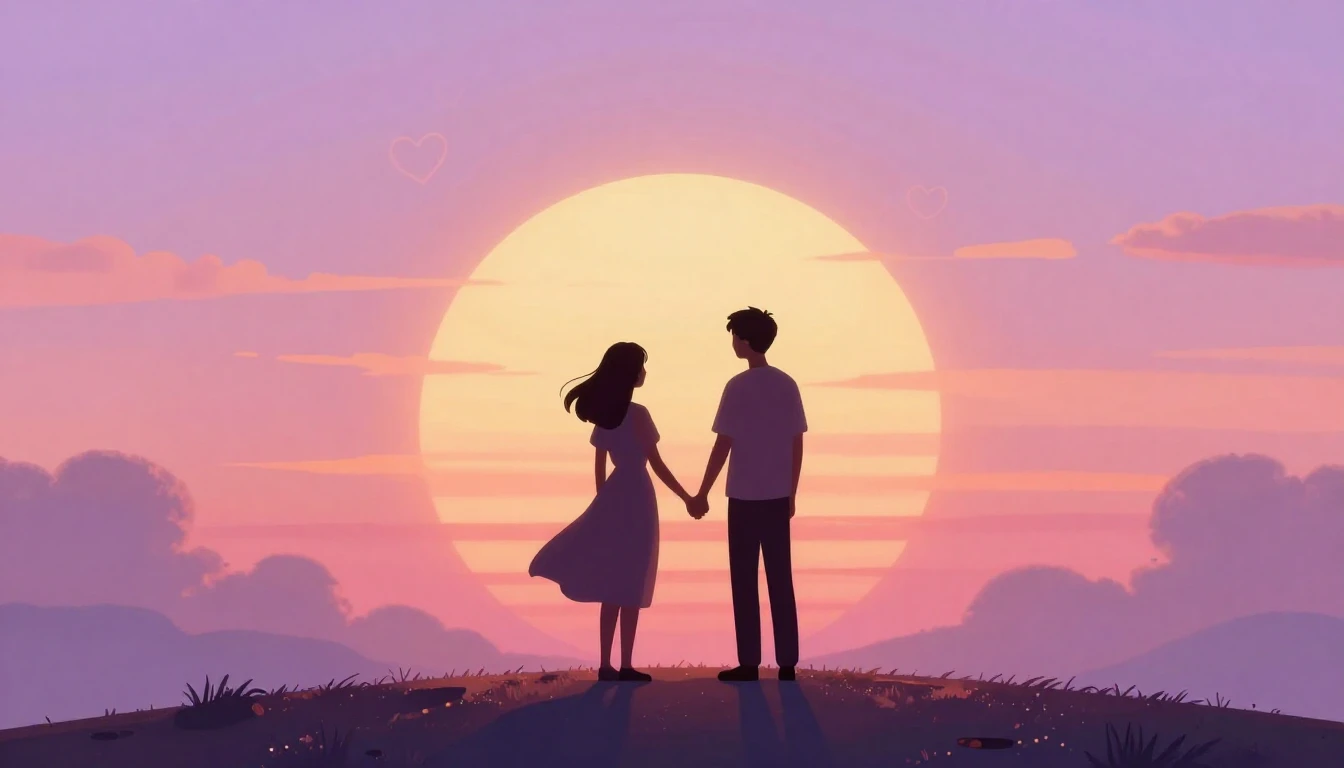 A romantic and dreamy illustration of a couple standing on a...