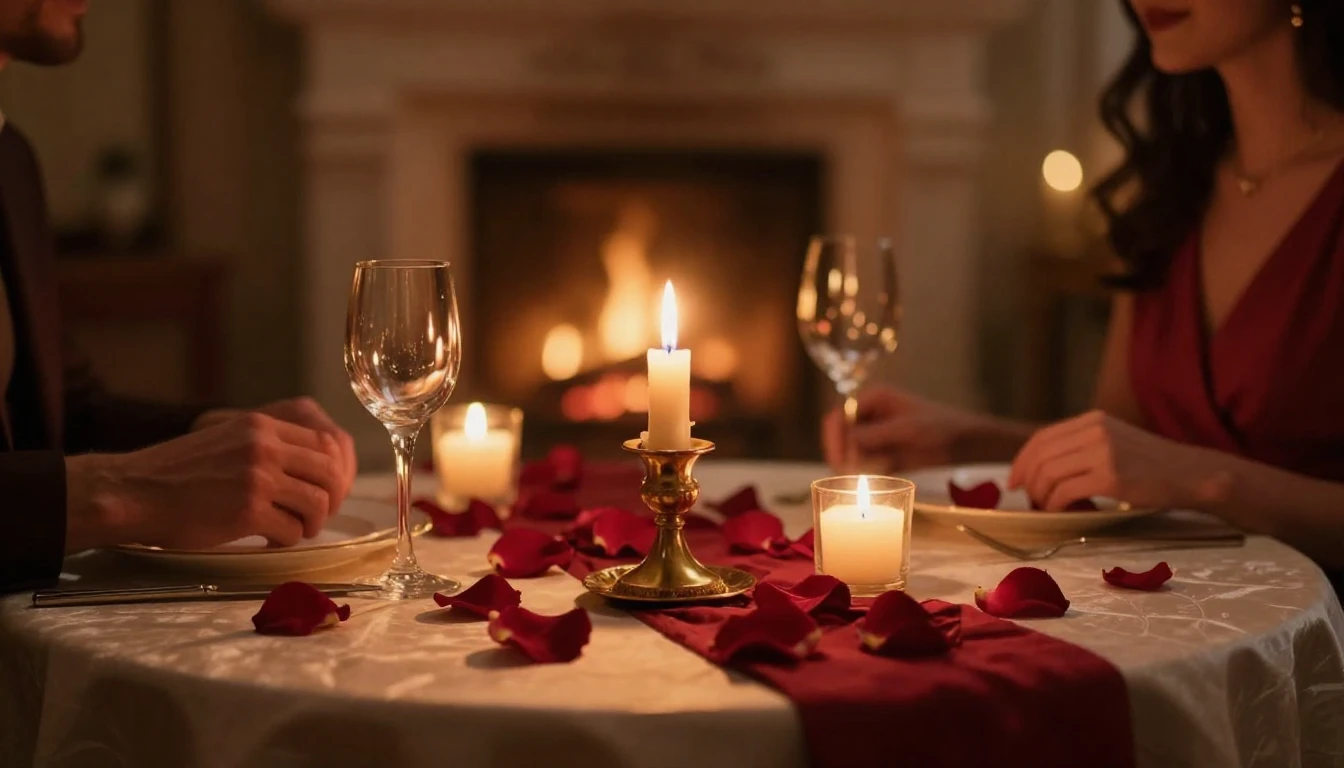 A cinematic close-up of a beautifully set table for two in a...