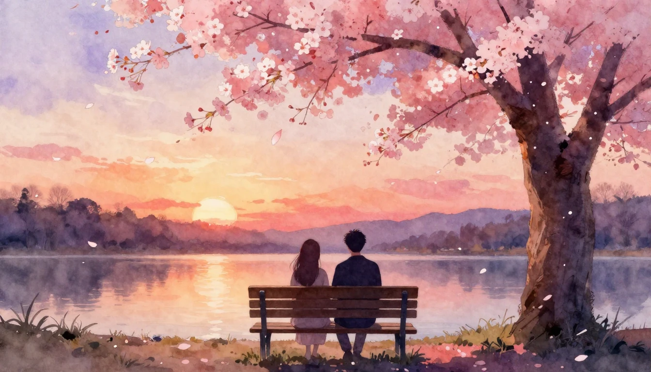 A soft watercolor painting of two silhouettes sitting togeth...