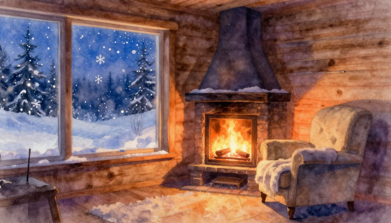 A cozy wooden cabin interior during a snowy winter evening. ...