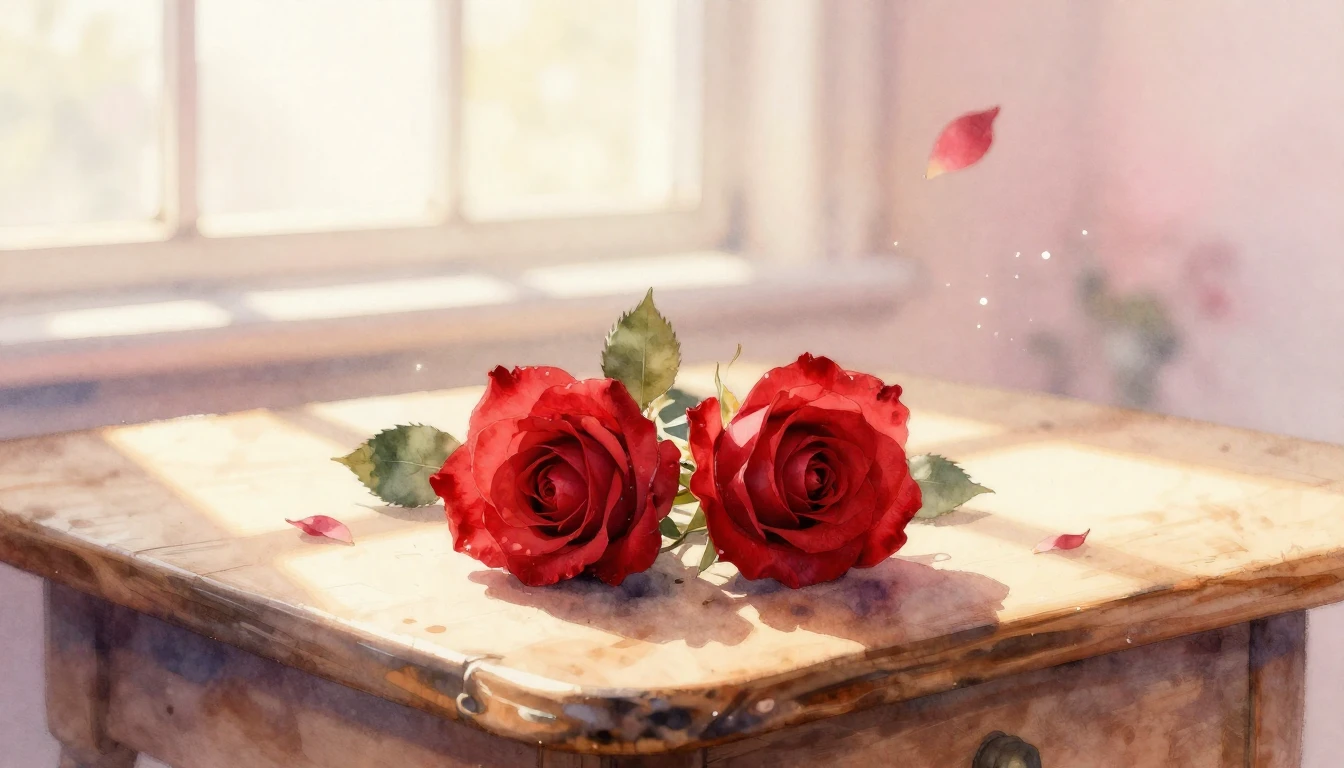 A delicate watercolor painting of two intertwined red roses ...