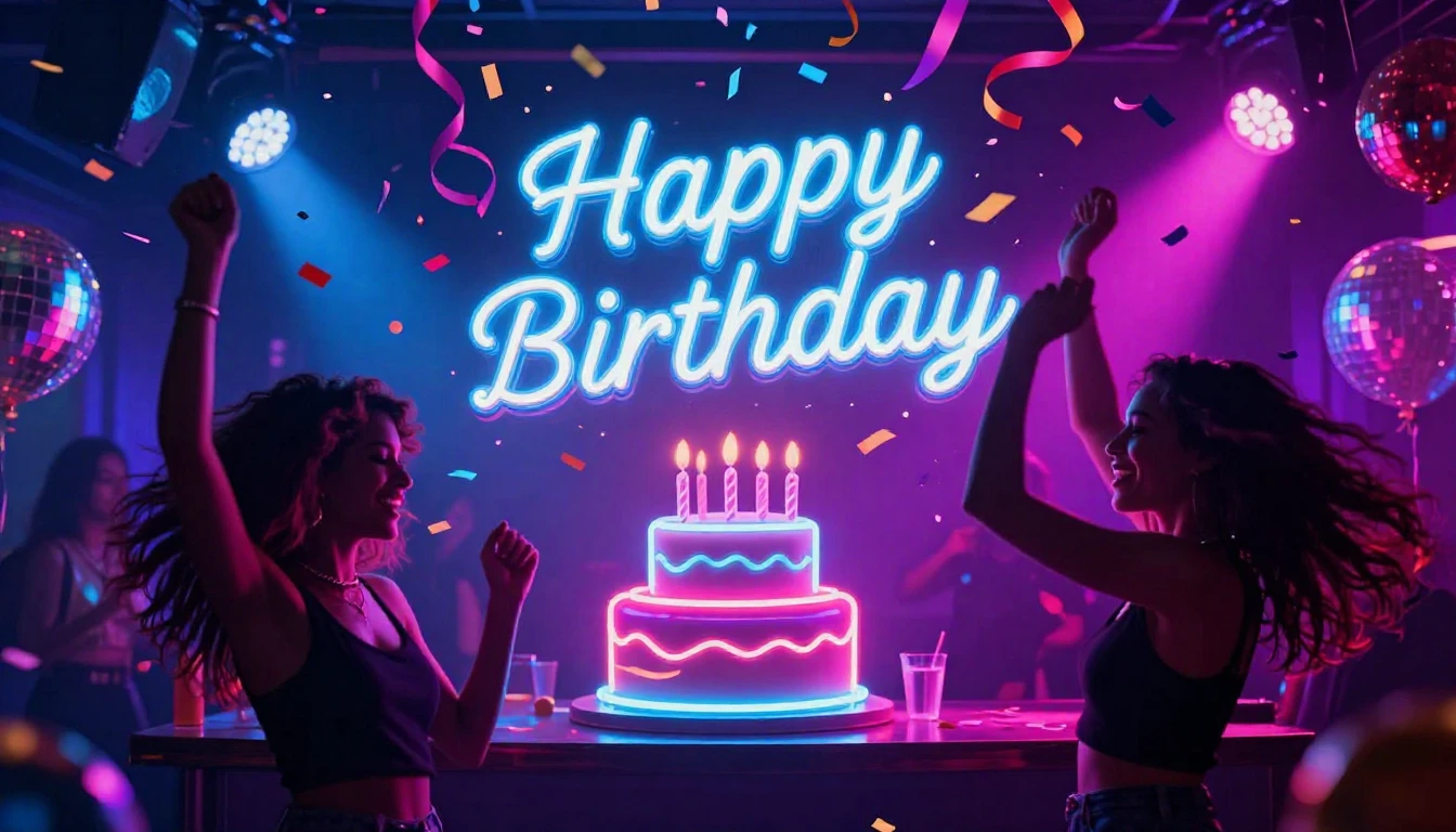 A vibrant and energetic party scene celebrating a birthday, ...