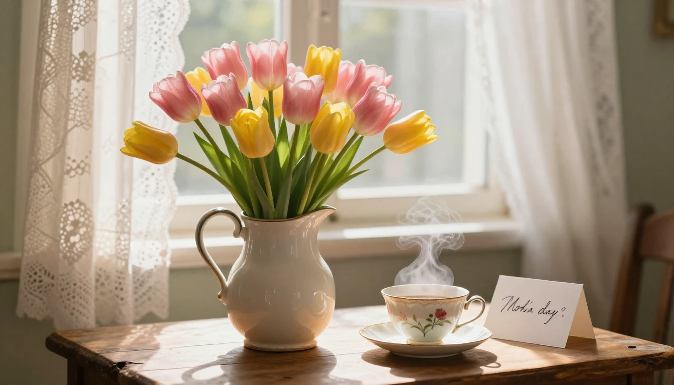 A warm and nostalgic close-up composition featuring a bouque...