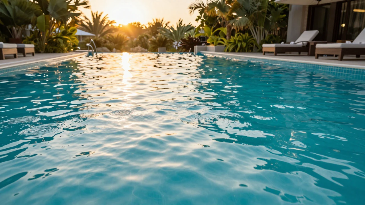 An ultra-realistic, wide-angle shot of a luxurious swimming ...