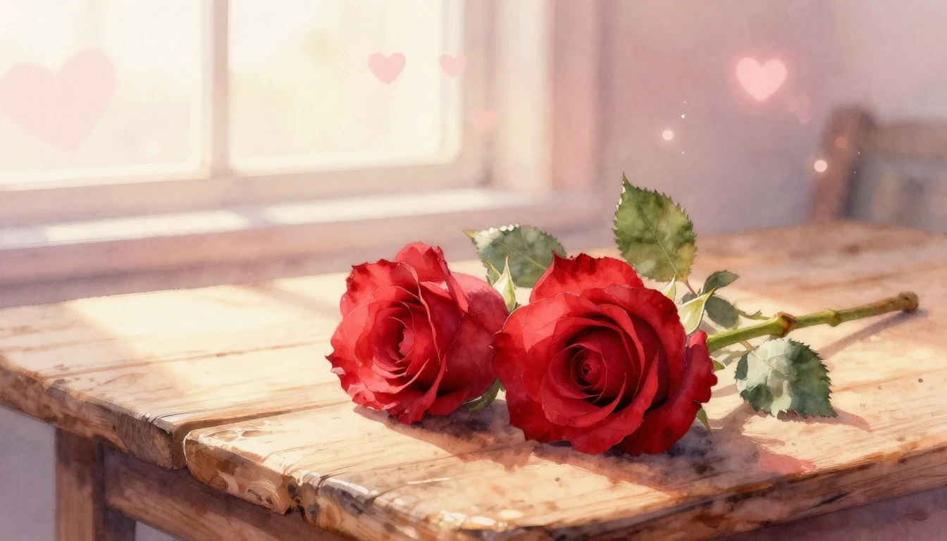 A beautiful watercolor painting of two delicate red roses in...