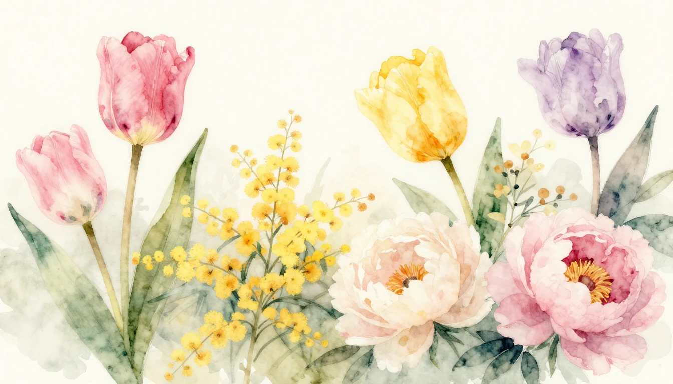A delicate watercolor painting featuring a variety of bloomi...