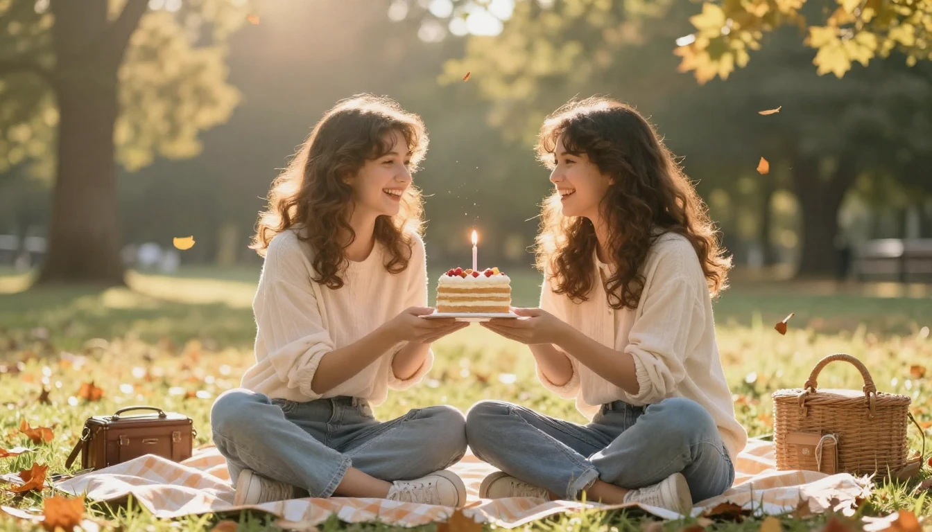 Two smiling young friends sitting on a cozy picnic blanket i...