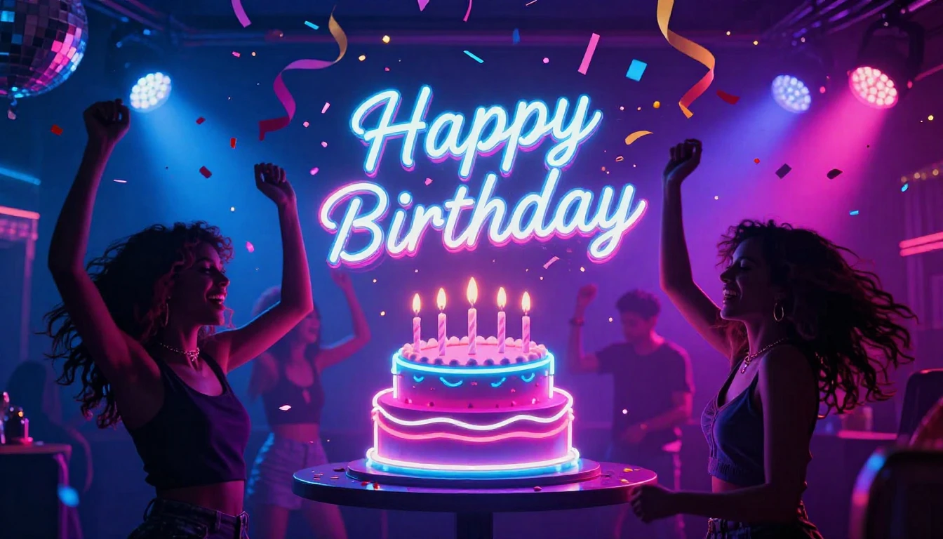 A vibrant and energetic party scene celebrating a birthday, ...
