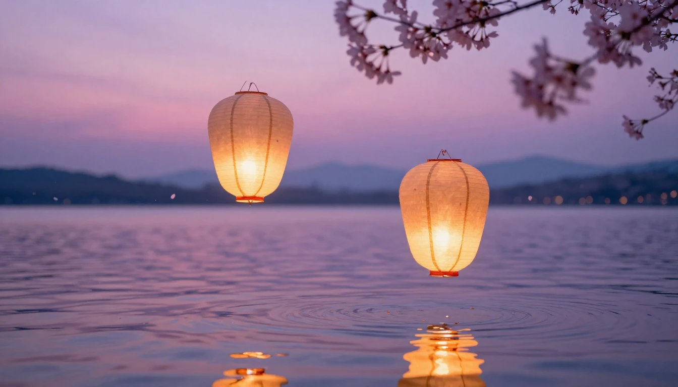 A breathtakingly beautiful scene of two glowing paper lanter...