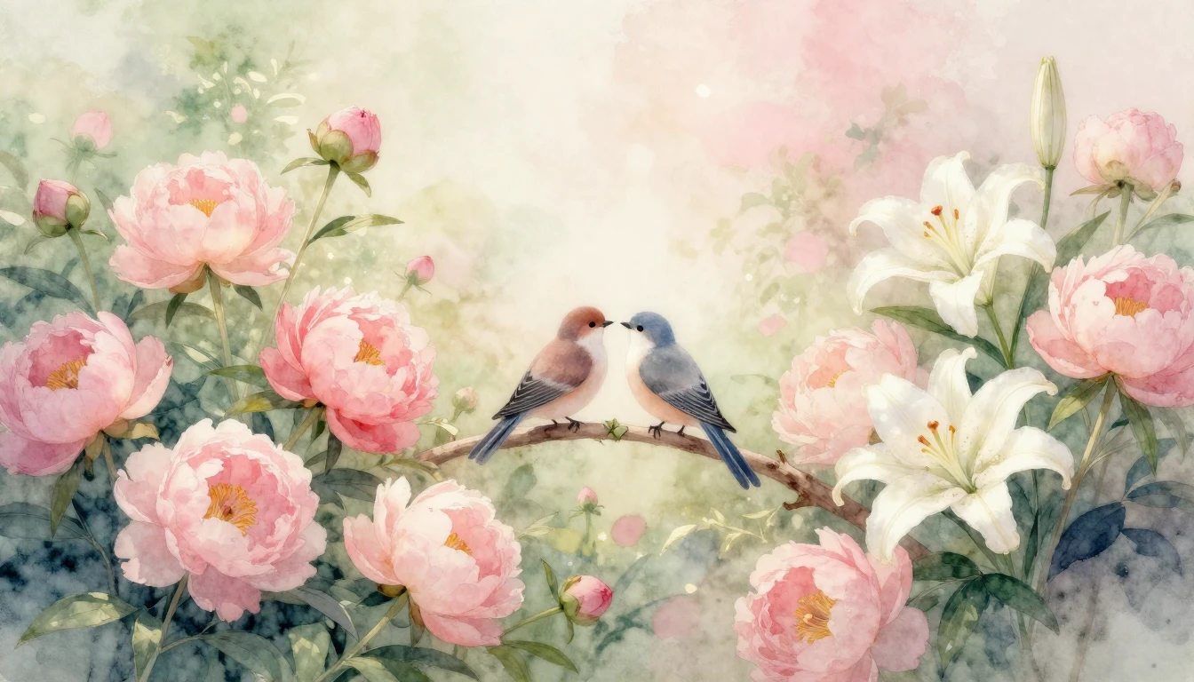 A soft watercolor painting of a blooming garden filled with ...